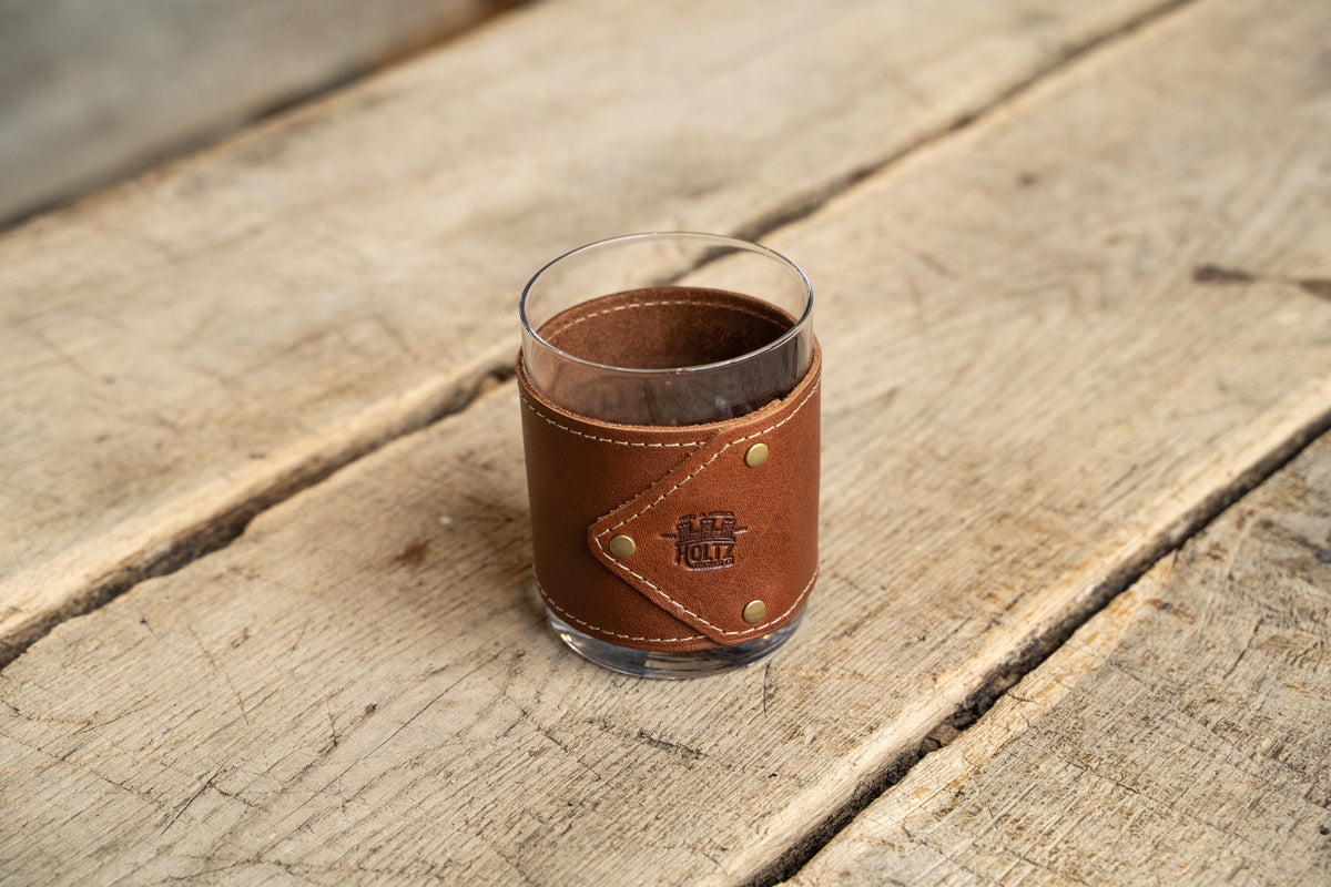 Your Logo + Our Leather - The Gentleman Rocks Glass &amp; Sleeves Set of Two Wraps &amp; Glasses - Custom Logo and Corporate Gifting