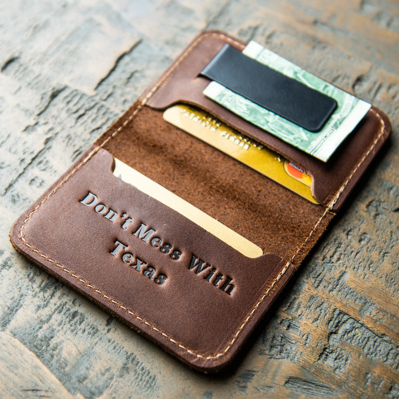 The Texas Gates Personalized Fine Leather Bifold Money Clip Wallet with Texas Logo