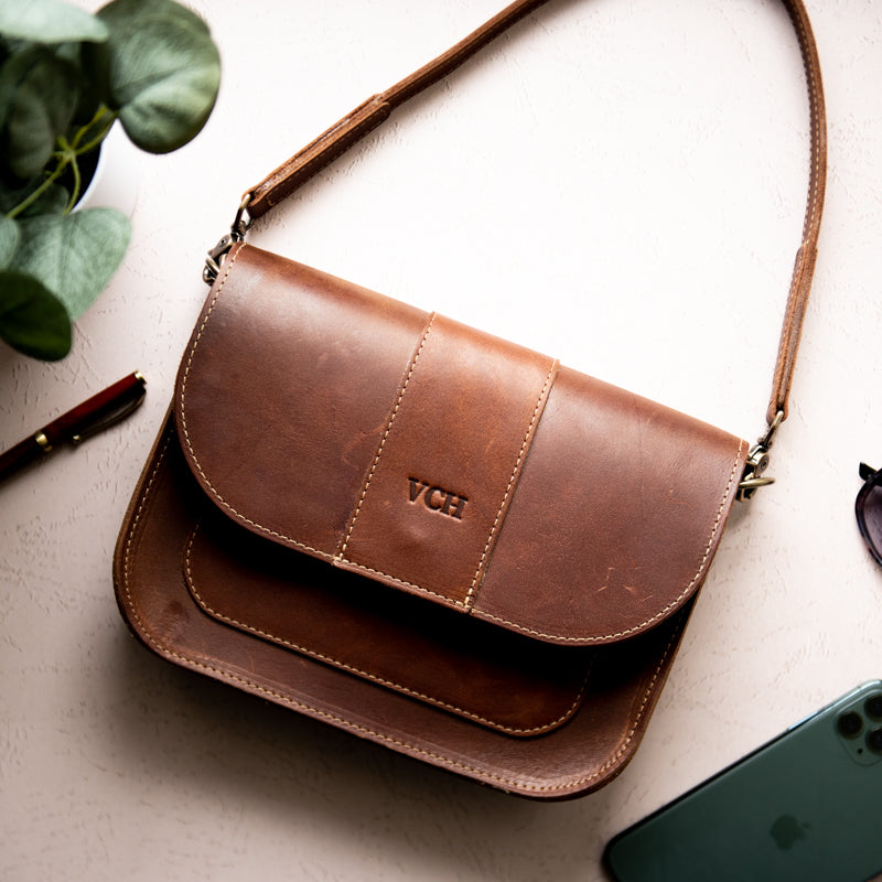 Fine American leather handcrafted crossbody purse in brown with personalized initials