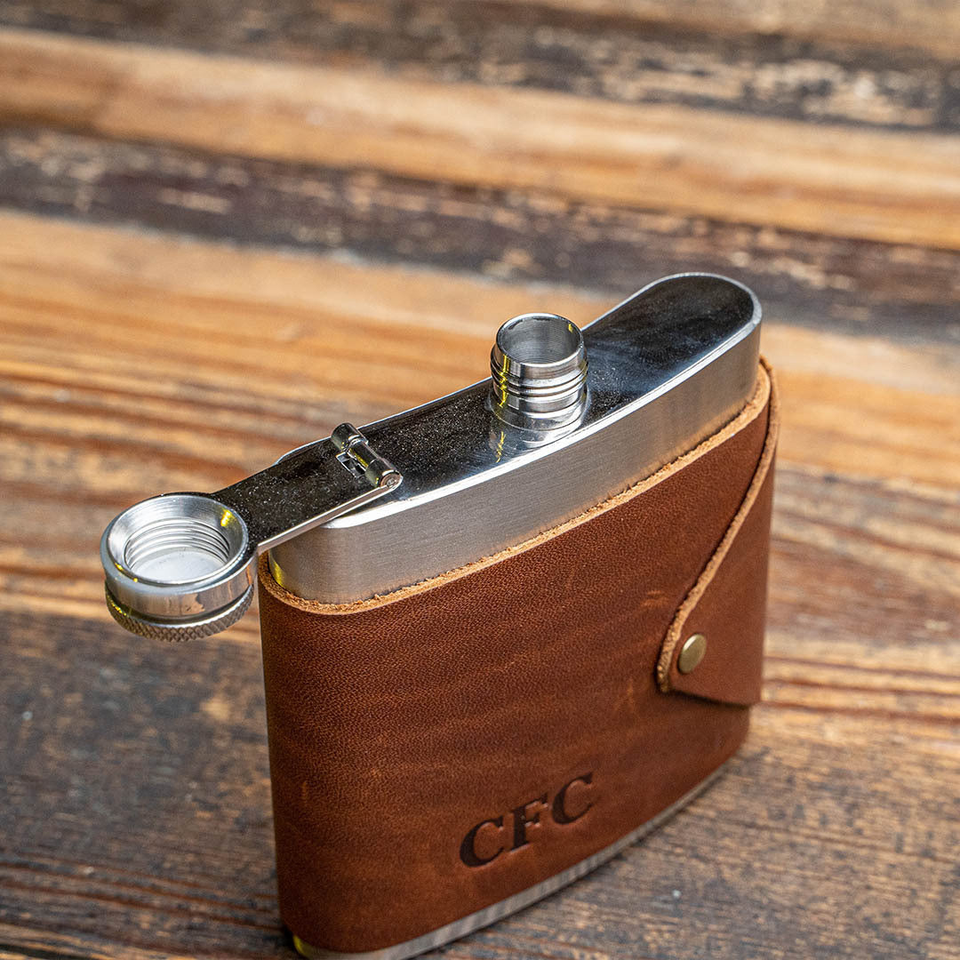 The Hatch Fine Leather Flask Wrap with Stainless Steel Flask