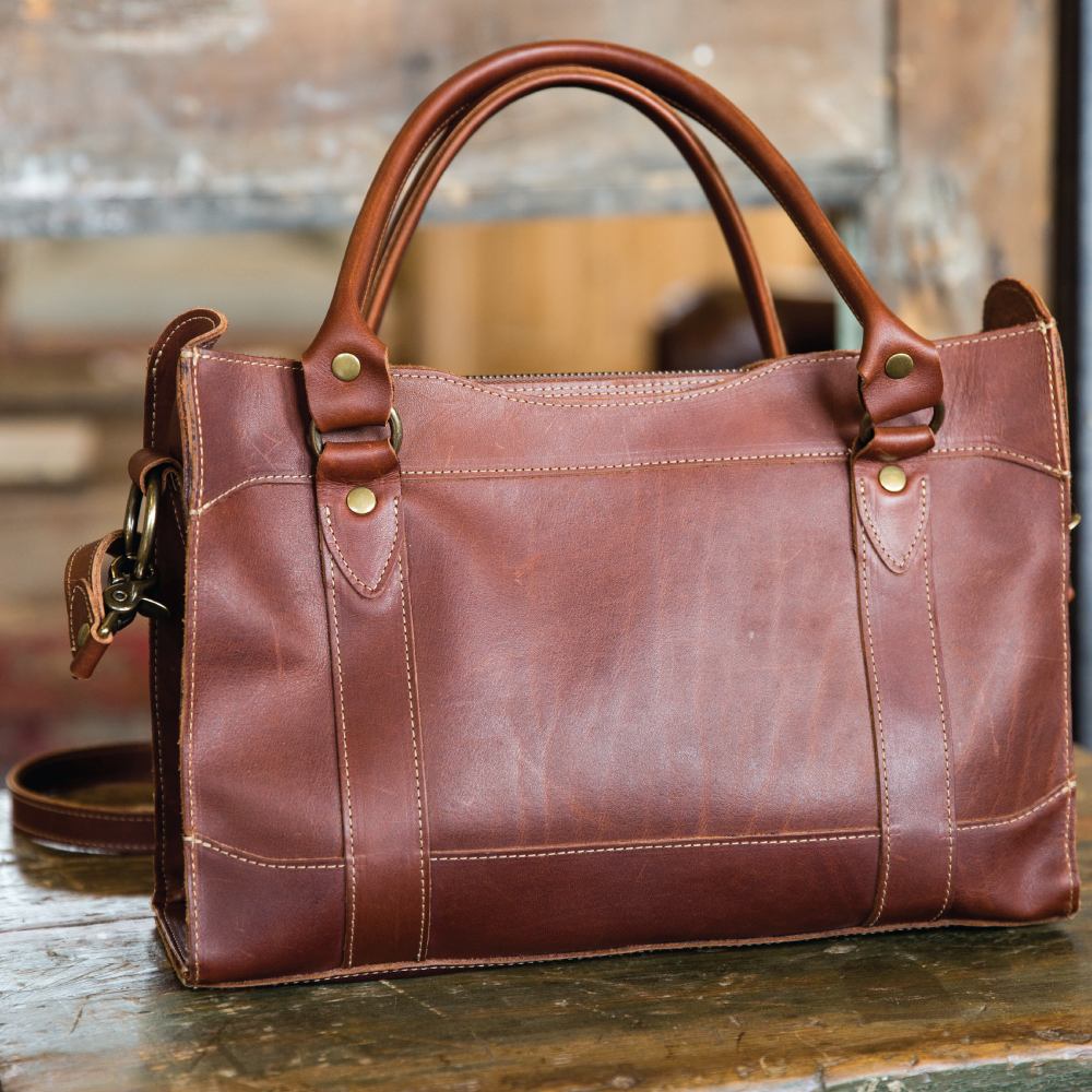 Fine leather handbag with strap from Holtz Leather Co in Huntsville, Alabama