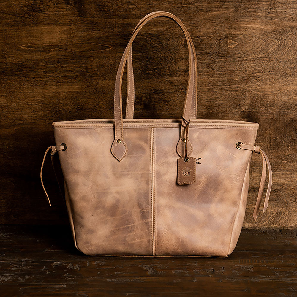 Handcrafted fine leather tote bag at Holtz Leather Co in Huntsville, Alabama
