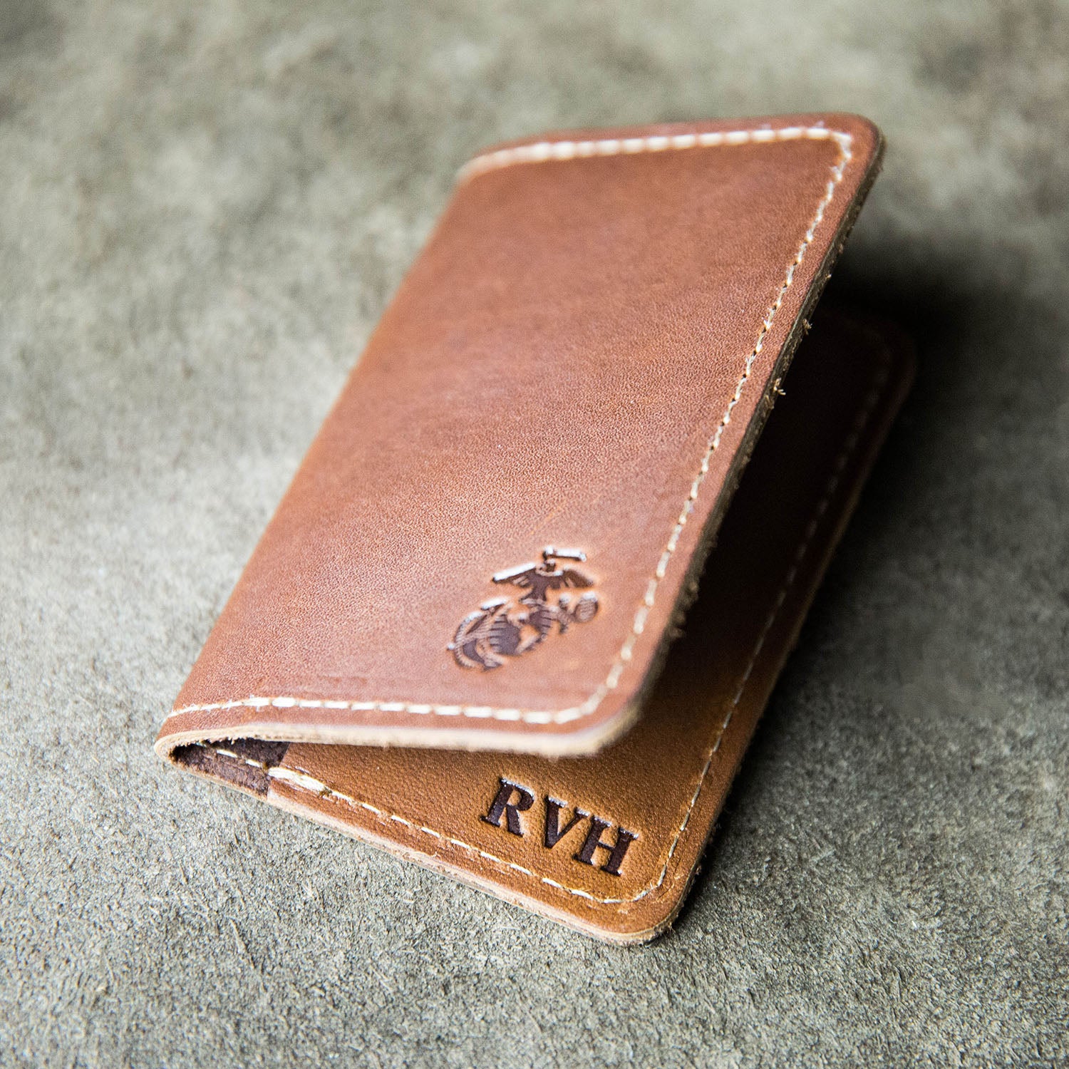 Fine leather bifold wallet and business card holder with Marine Corps logo