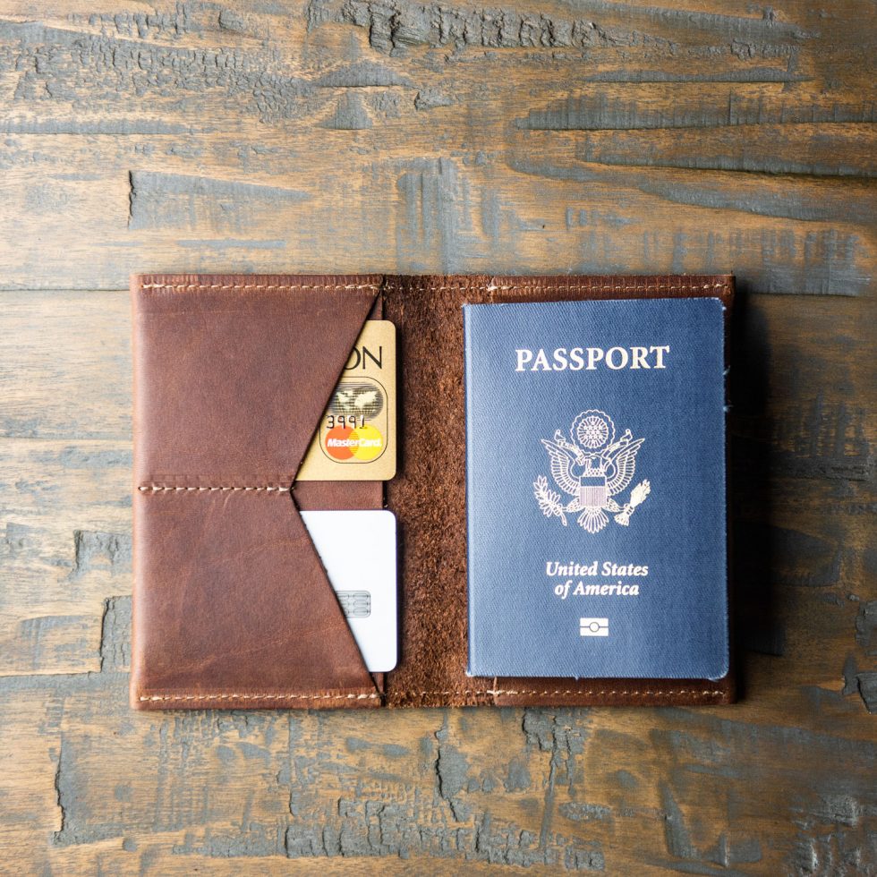 Fine American leather passport cover and wallet with two card pockets and two large pockets