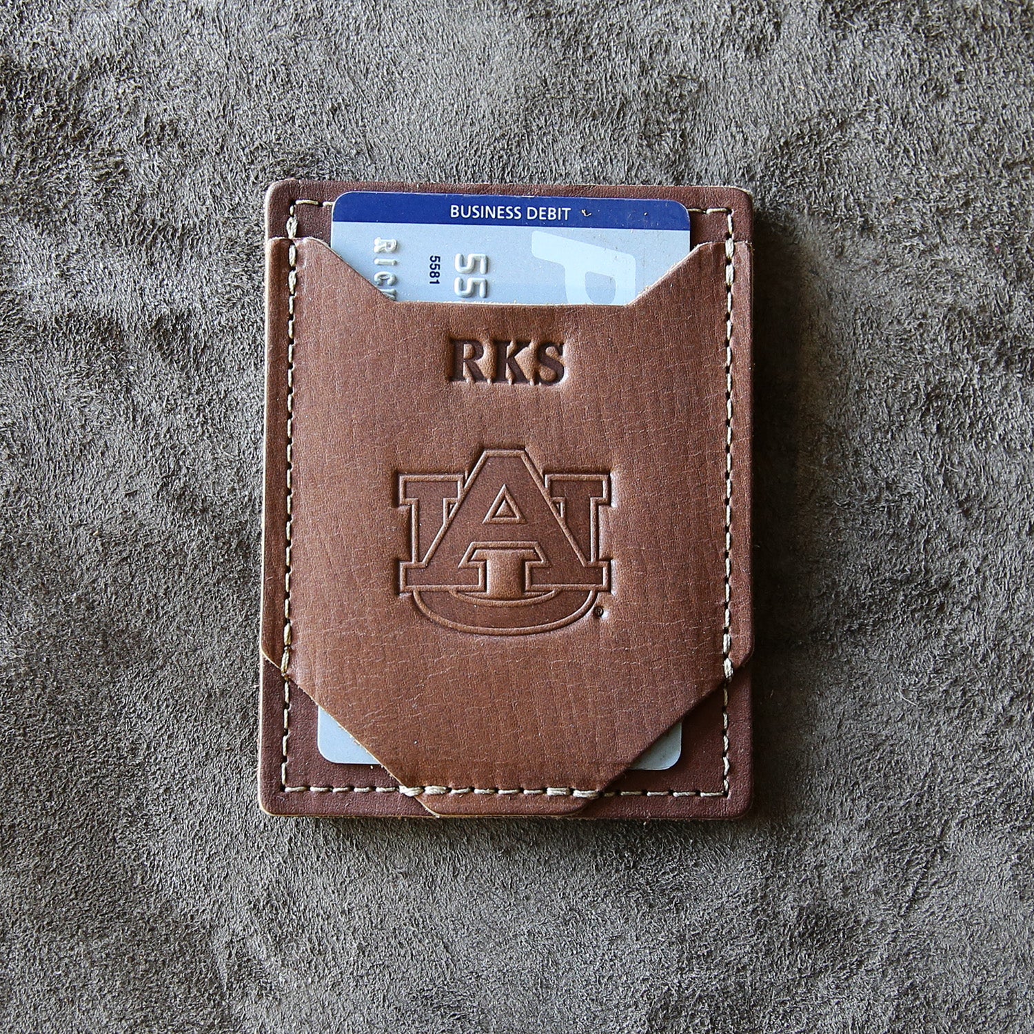 Money clip front pocket wallet with Auburn logo and personalized initials