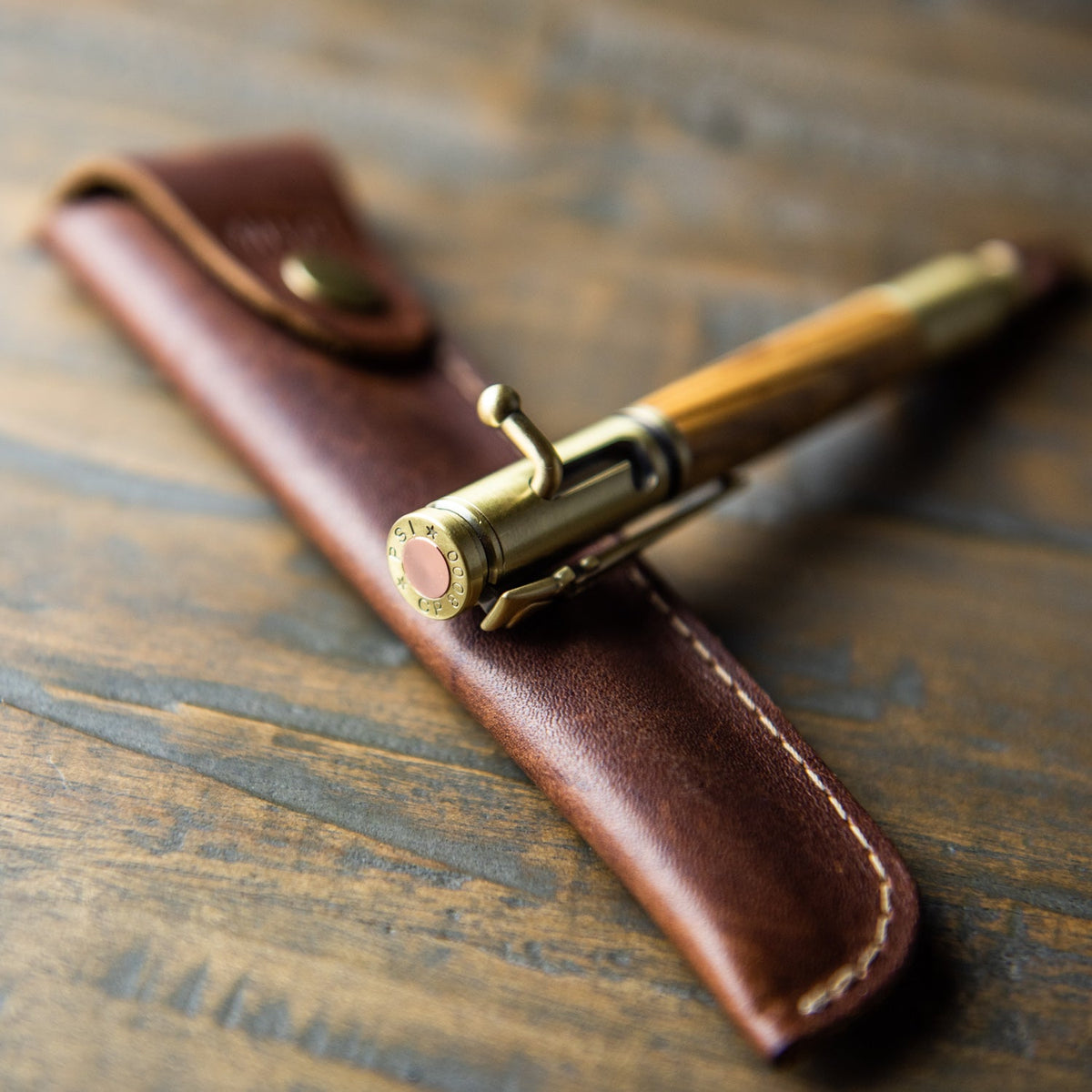 Bethlehem Olive Wood .30 Caliber Bolt Action Pen + Pen Sleeve - Holtz Leather