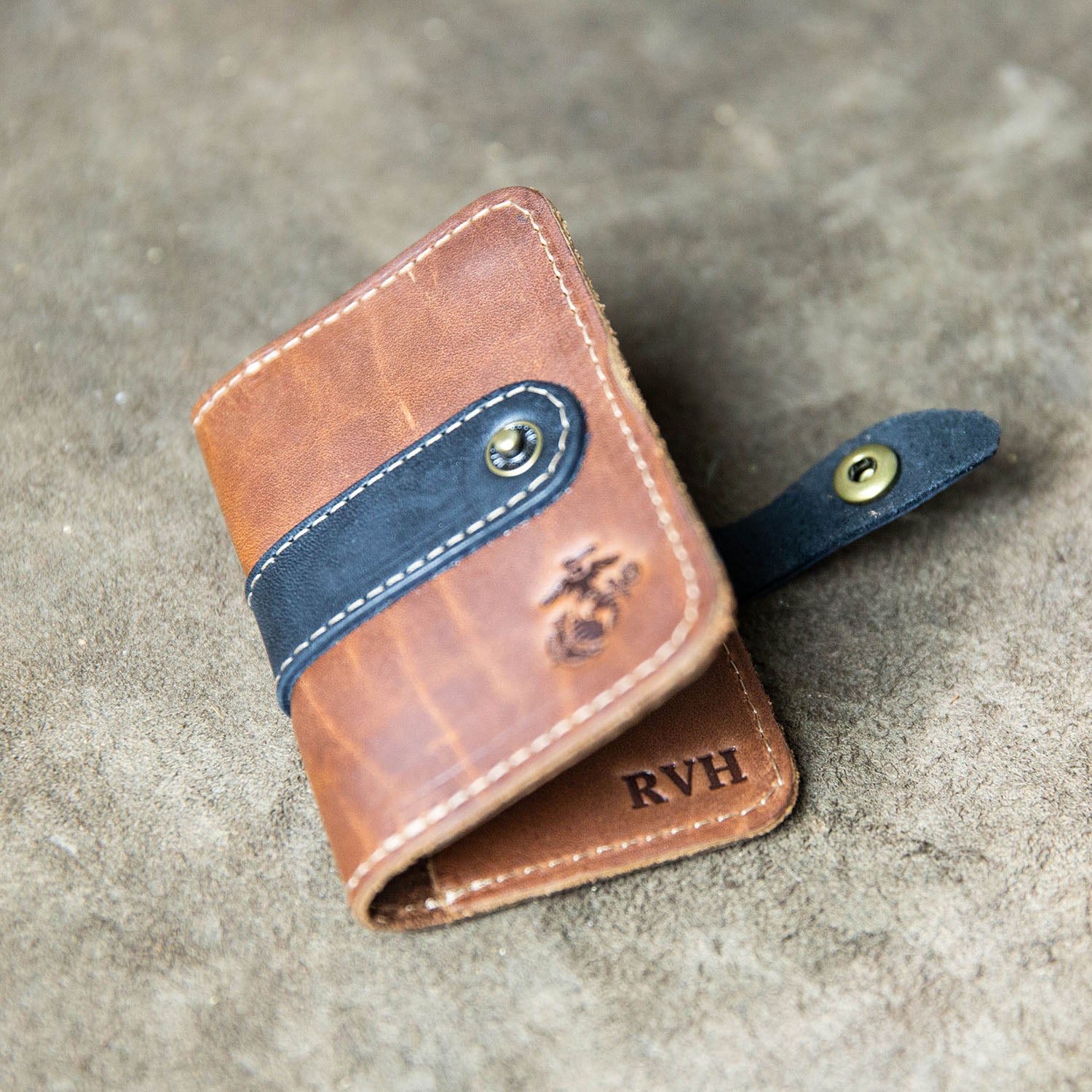 Fine leather snap closure bifold wallet with personalized initials and marine corps logo