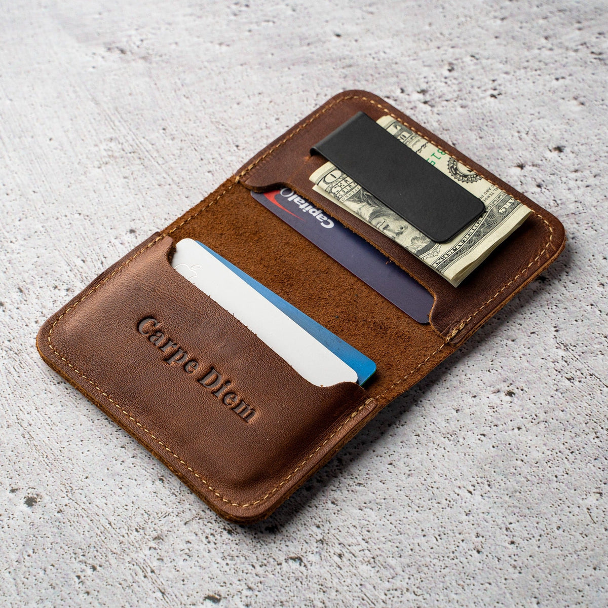 The Gates Personalized Leather Bifold Money Clip Front Pocket Wallet - Holtz Leather