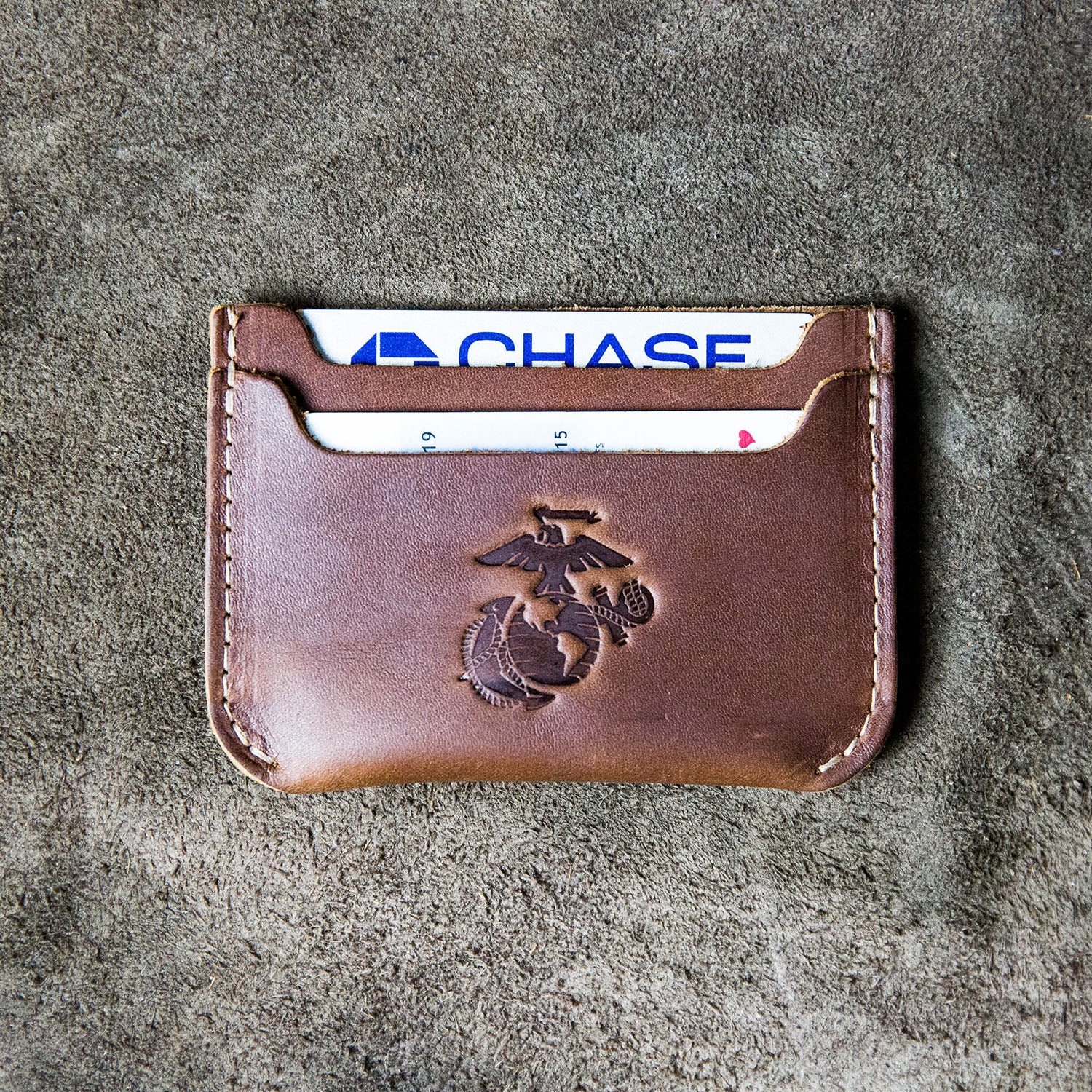 Fine leather front pocket double sleeve wallet with Marine Corps logo