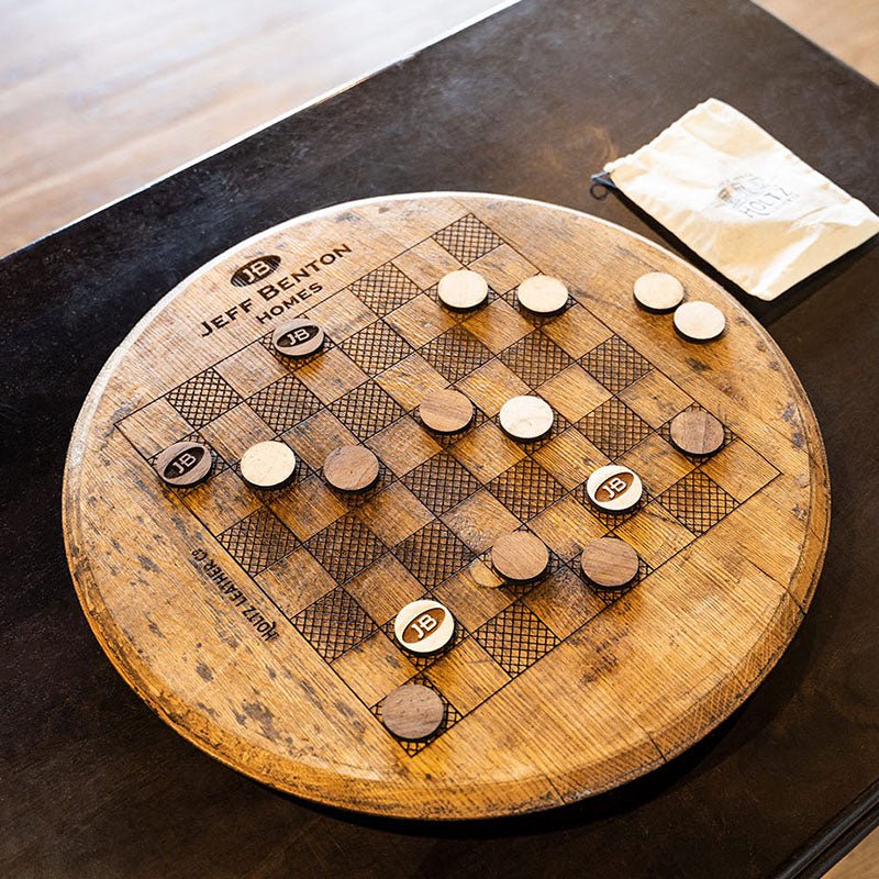 Your Logo + Our Barrels - Tennessee Whiskey Barrel Checkerboard Side Table - Custom Logo and Corporate Gifting - Holtz Leather