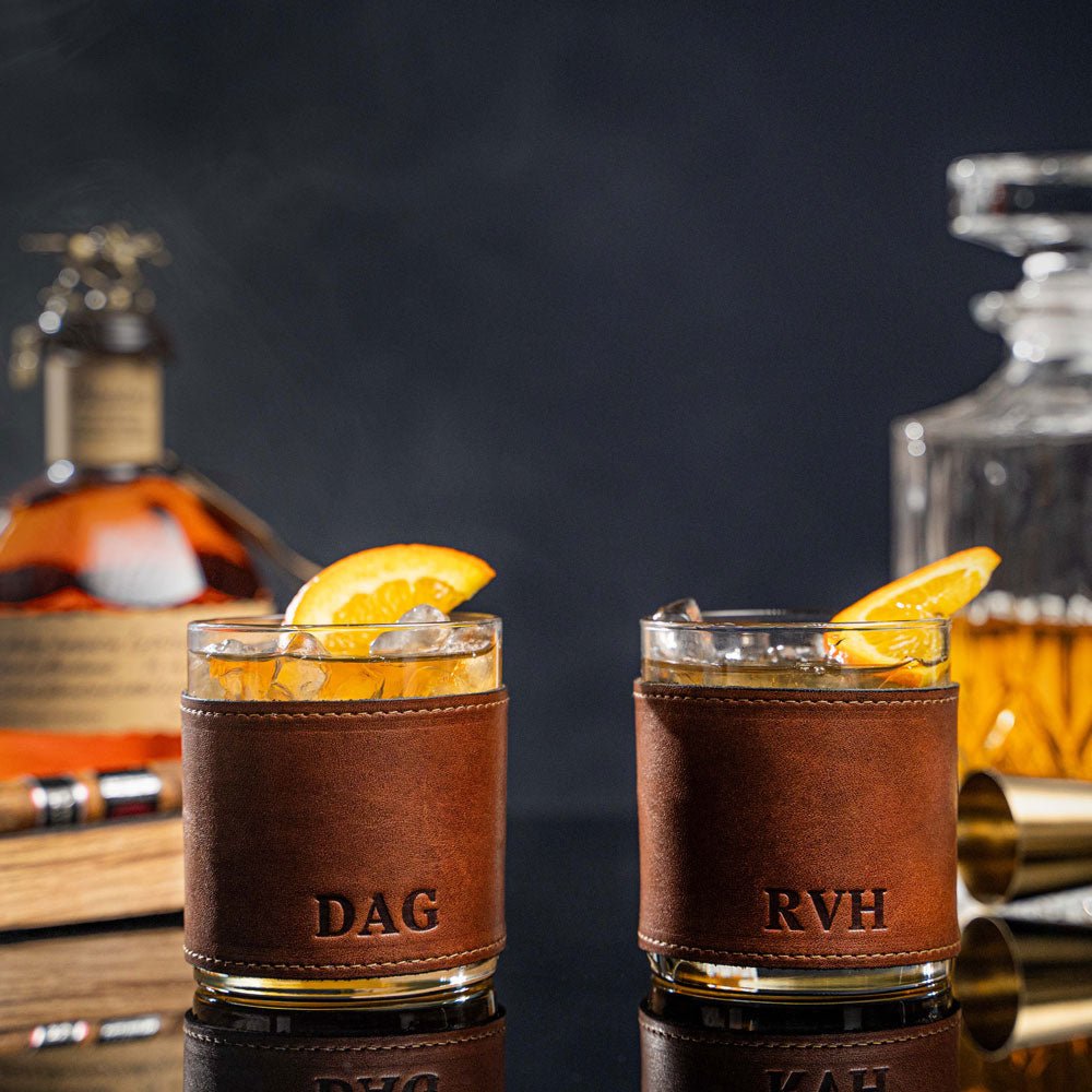 Your Logo + Our Leather - The Gentleman Rocks Glass & Sleeves Set of Two Wraps & Glasses - Custom Logo and Corporate Gifting - Holtz Leather