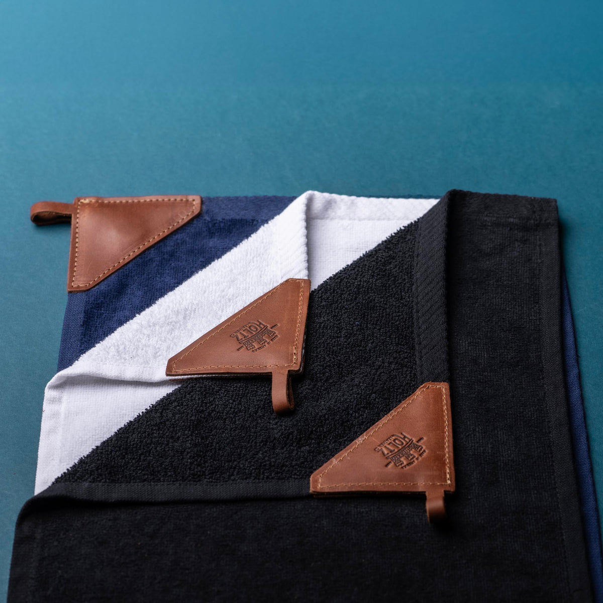 Personalized Fine Leather Tabbed Golf Towel with Magnet &amp; Carabiner