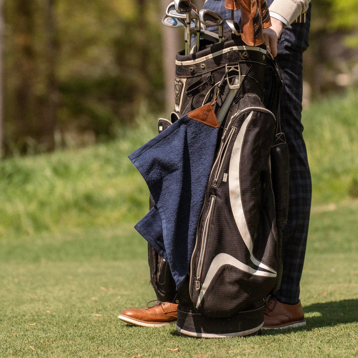 Personalized Fine Leather Tabbed Golf Towel with Magnet &amp; Carabiner