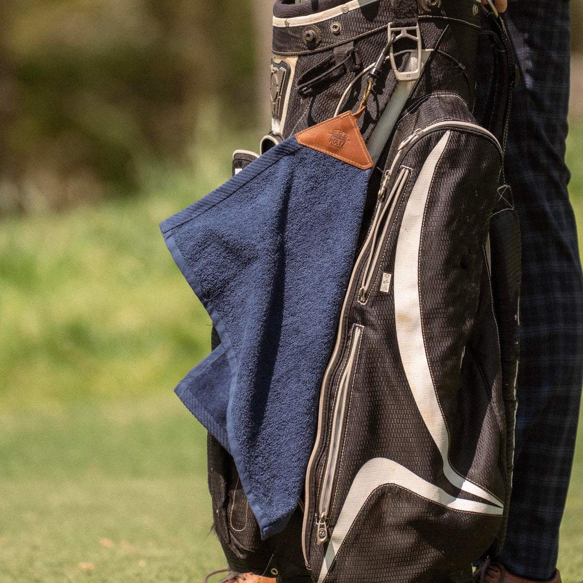 Personalized Fine Leather Tabbed Golf Towel with Magnet &amp; Carabiner