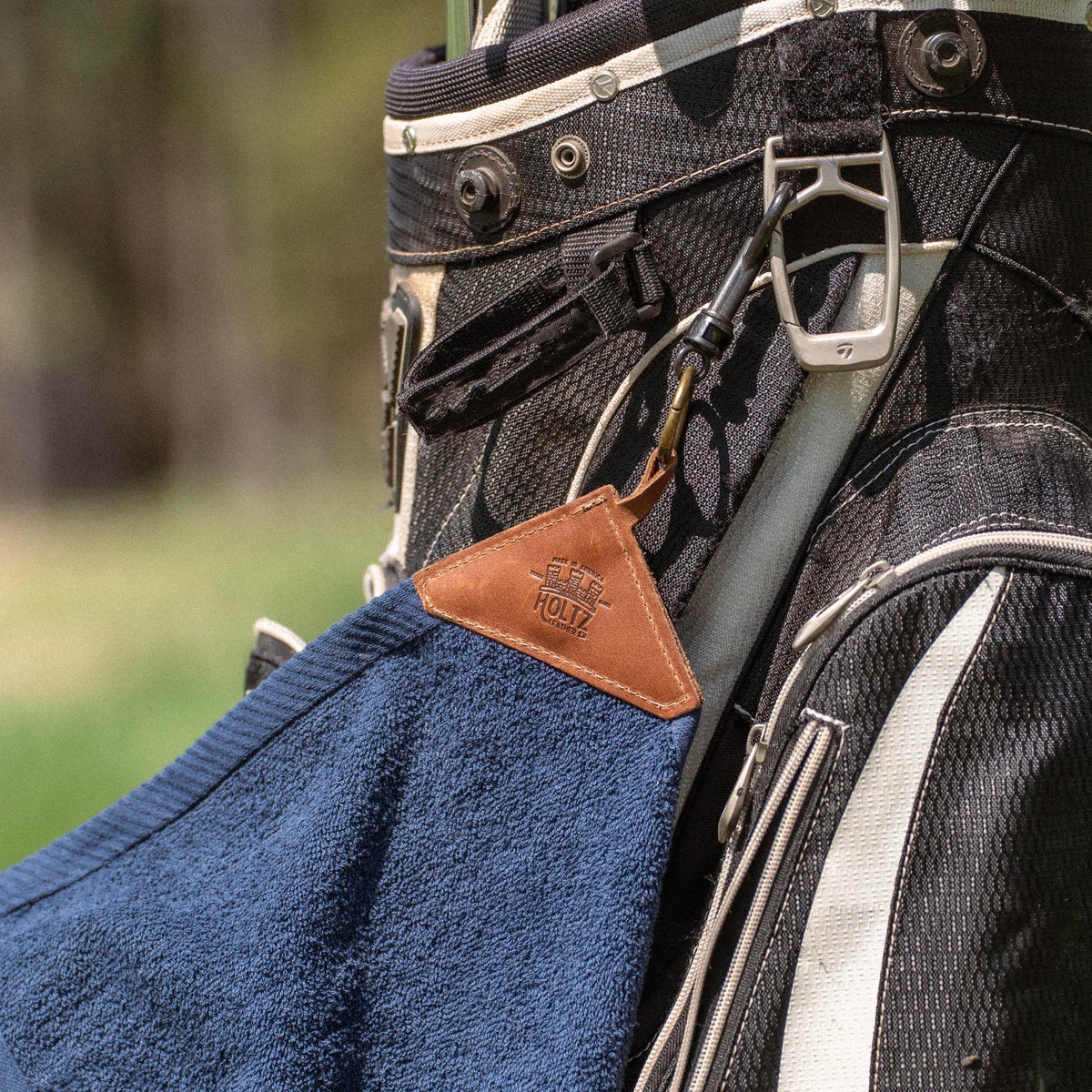 Personalized Fine Leather Tabbed Golf Towel with Magnet &amp; Carabiner