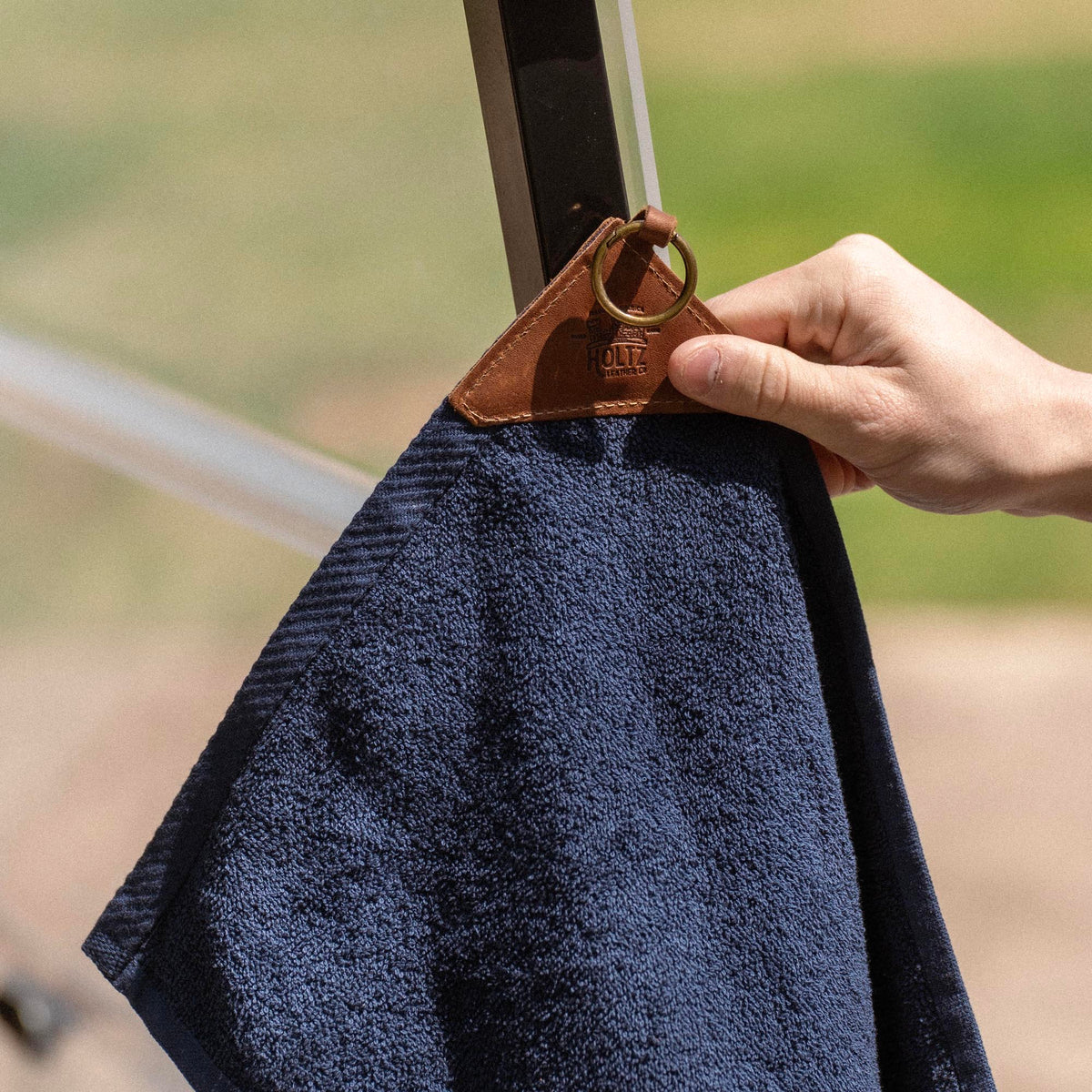 Personalized Fine Leather Tabbed Golf Towel with Magnet &amp; Carabiner