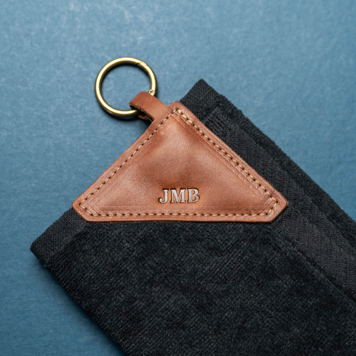 Personalized Fine Leather Tabbed Golf Towel with Magnet &amp; Carabiner