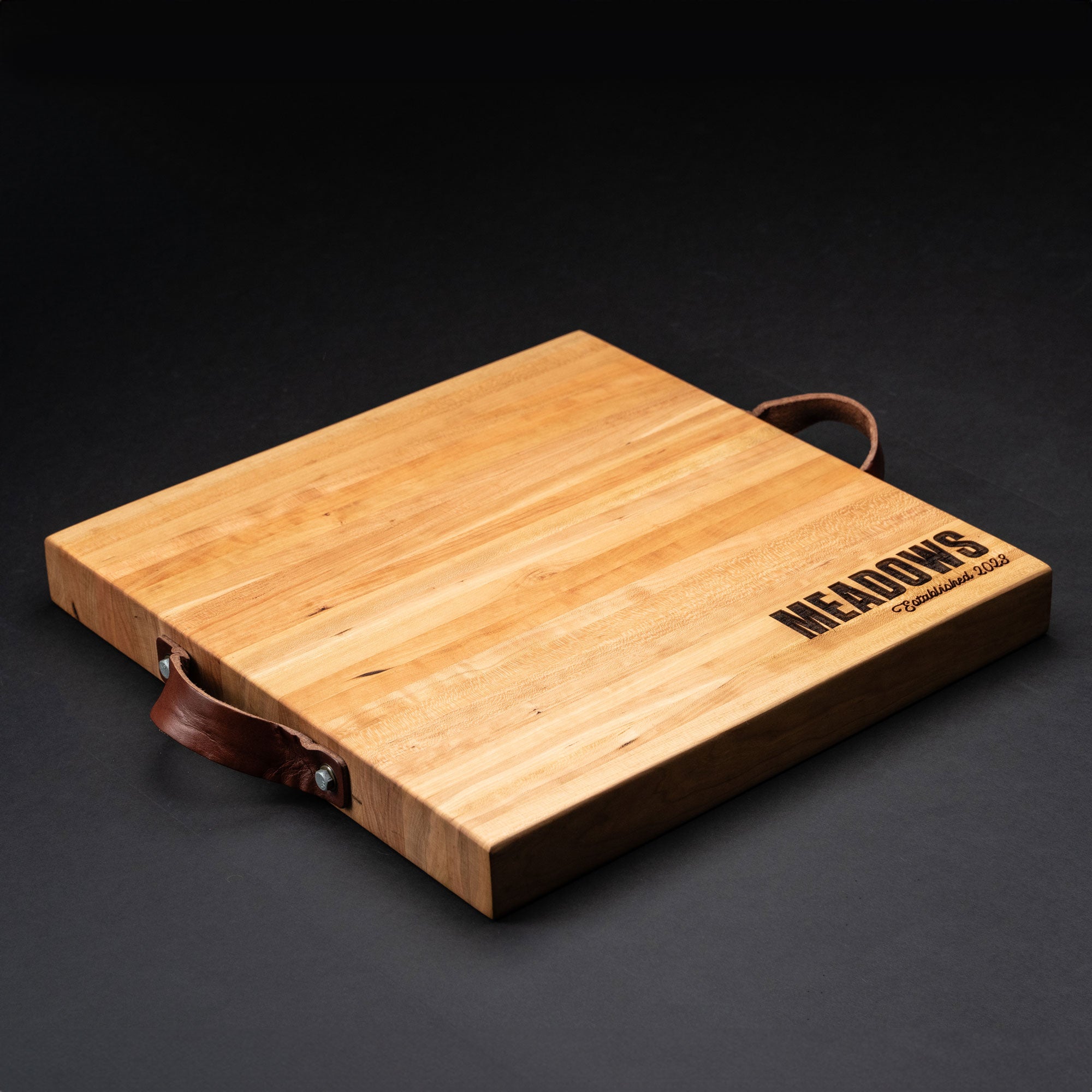 American Cherry Wood Butcher Block Cutting Board, Small - 13.5in x 13.5in / Remove Handles (-$5.00)at Holtz Leather