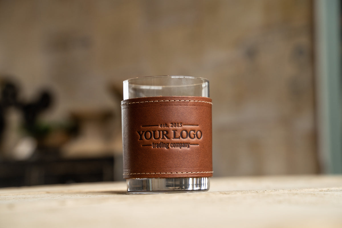 Your Logo + Our Leather - The Gentleman Rocks Glass &amp; Sleeves Set of Two Wraps &amp; Glasses - Custom Logo and Corporate Gifting