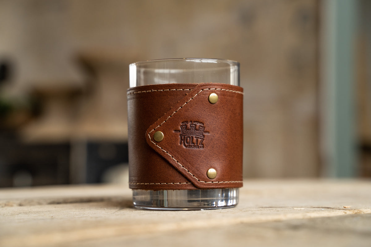 Your Logo + Our Leather - The Gentleman Rocks Glass &amp; Sleeves Set of Two Wraps &amp; Glasses - Custom Logo and Corporate Gifting