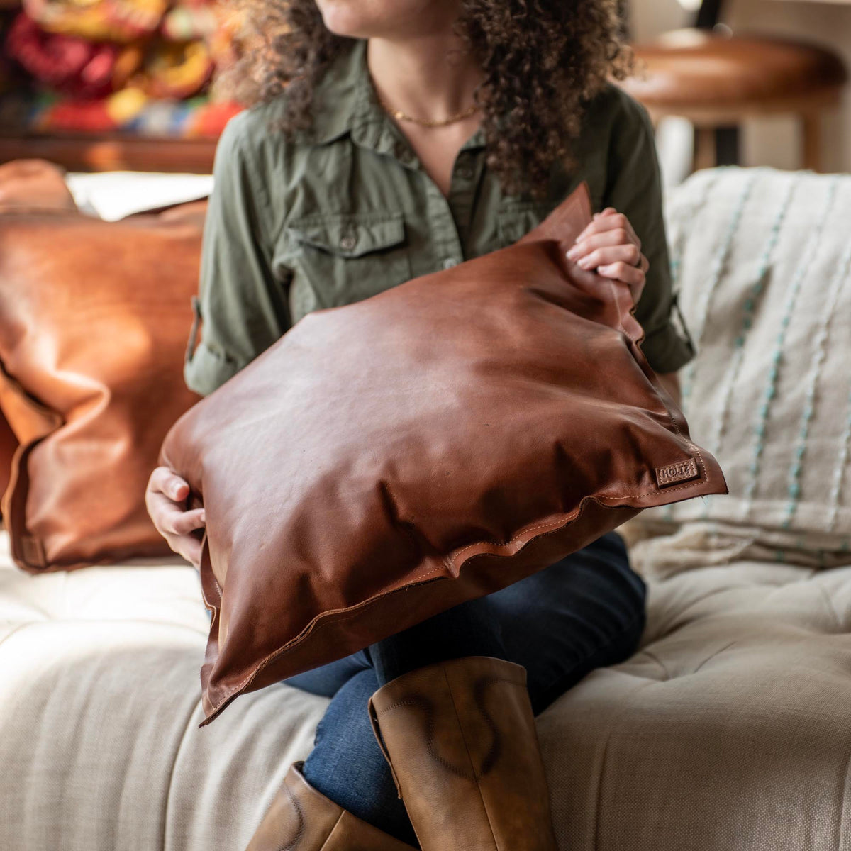 Full Grain Tumbled Leather Decor Throw Pillow