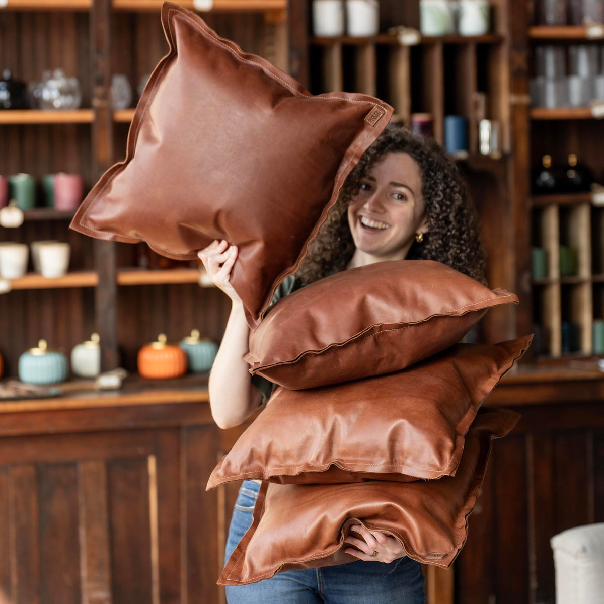 Full Grain Tumbled Leather Decor Throw Pillow