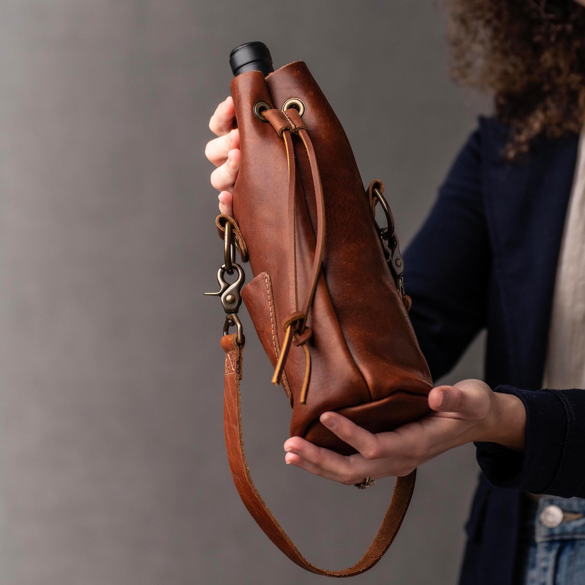 Your Logo + Our Leather - The Muscadine Personalized Fine Leather Wine Tote Wine Bottle Carrier Bag - Custom Logo and Corporate Gifting