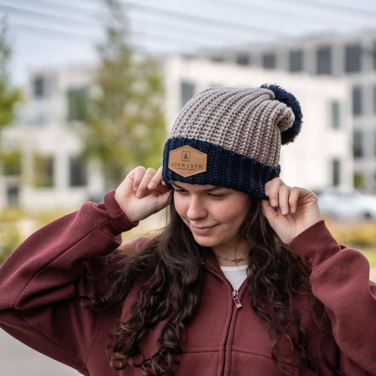 Chunk Cable Cuff Custom Leather Patch Richardson Beanie with Pom