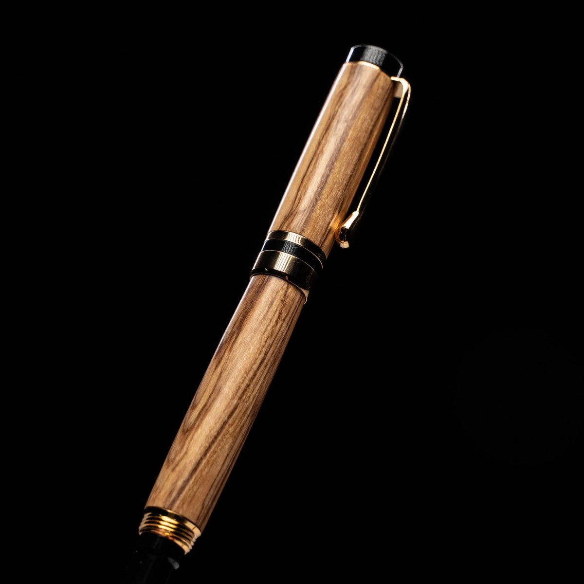 Hand-Turned Olive Wood Rollerball Pen + Fine Leather Pen Sleeve