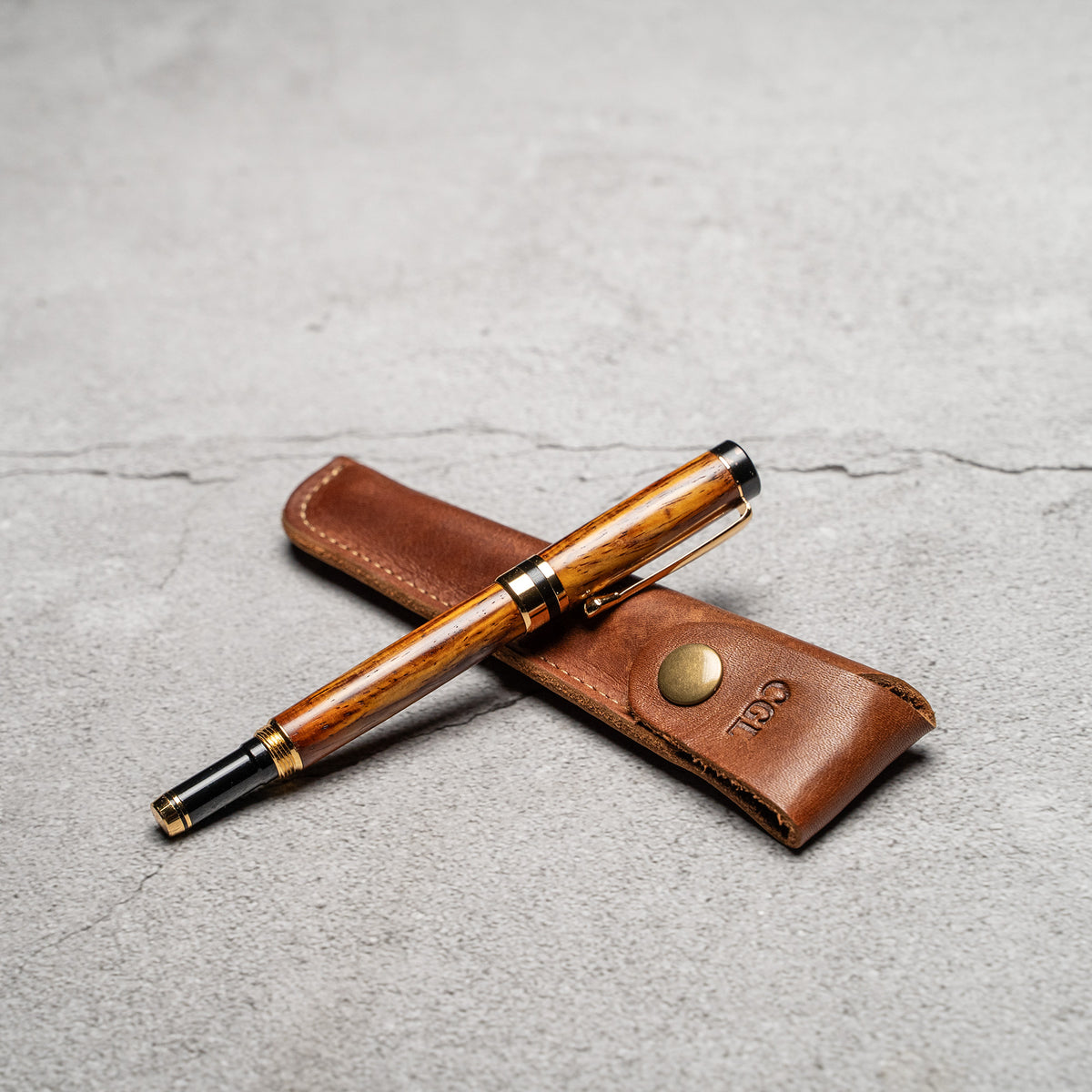 Hand-Turned Rosewood Rollerball Pen + Fine Leather Pen Sleeve