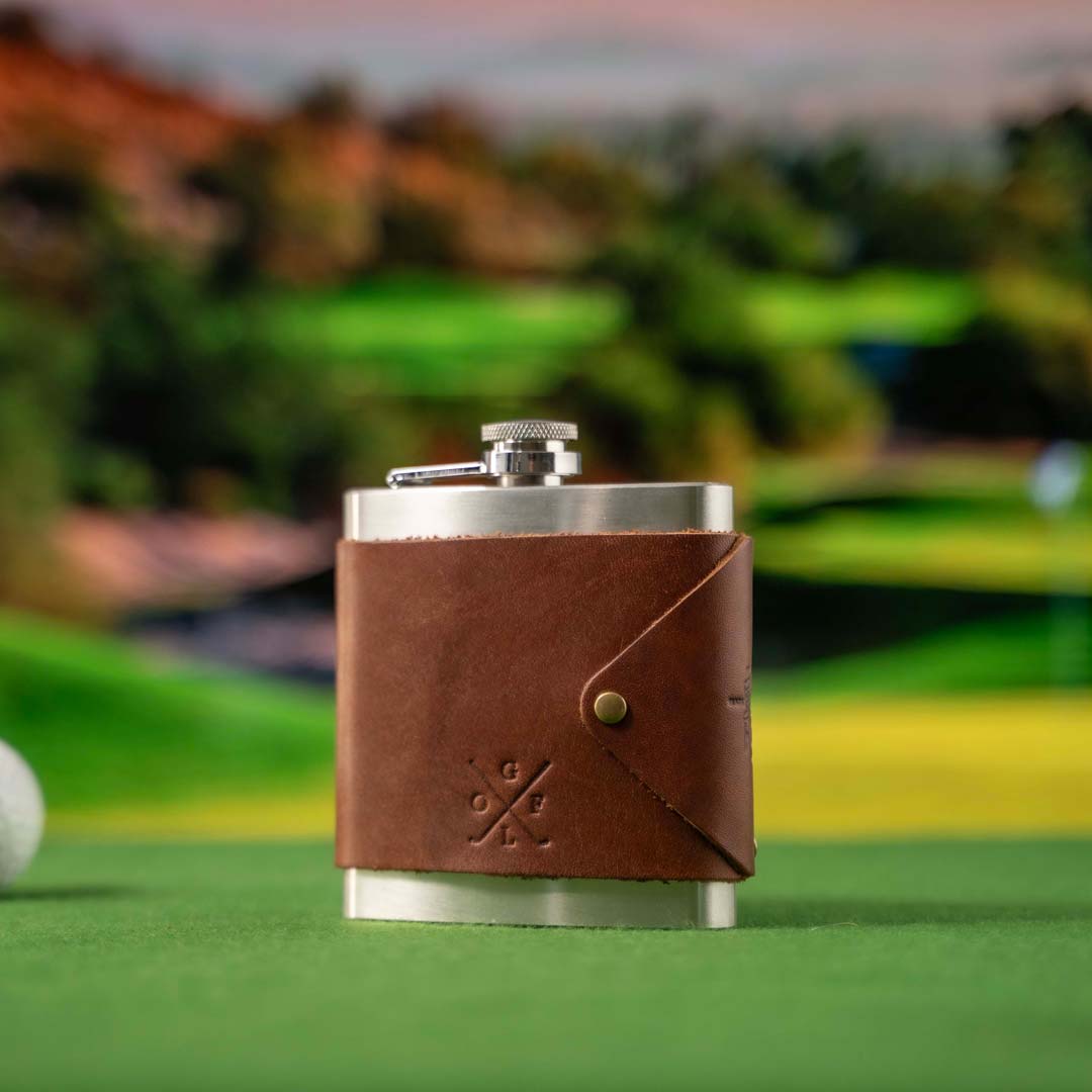 The Golf Hatch Fine Leather Flask Wrap with Stainless Steel Flask