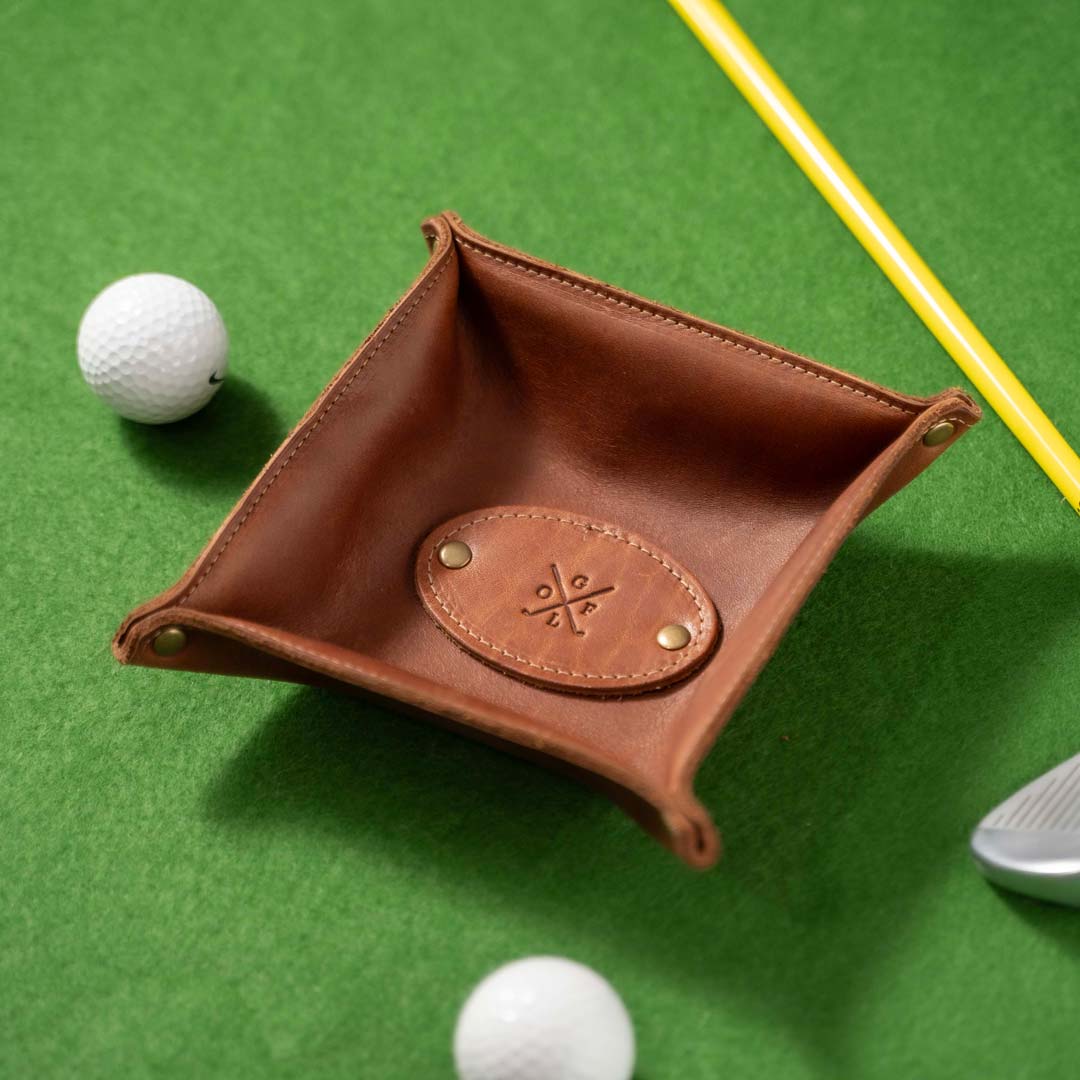 The Golf Monticello Fine Leather Personalized Desk Valet Caddy Tray for Dresser or Office Gift