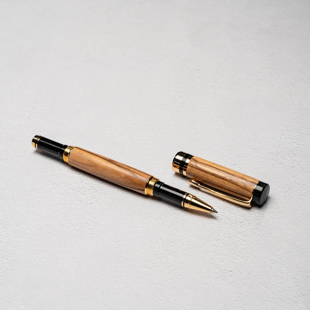 Hand - Turned Olive Wood Rollerball Pen + Fine Leather Pen Sleeve - Holtz Leather