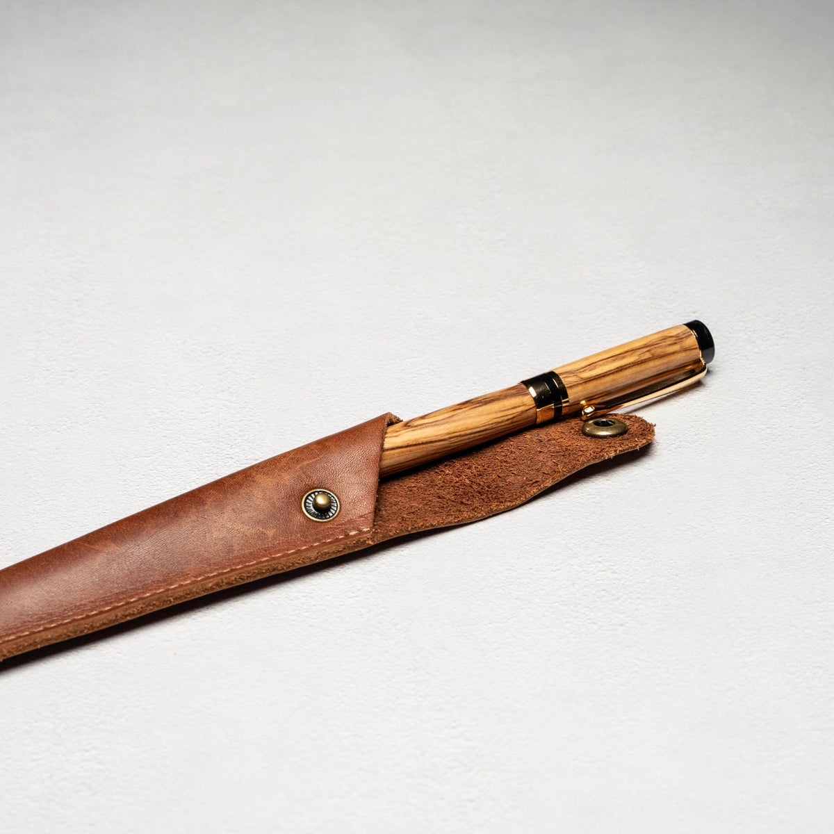 Hand - Turned Olive Wood Rollerball Pen + Fine Leather Pen Sleeve - Holtz Leather