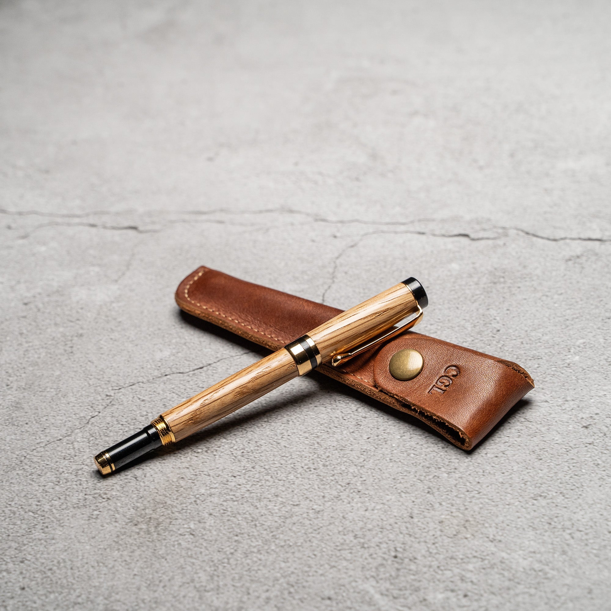 Hand - Turned Olive Wood Rollerball Pen + Fine Leather Pen Sleeve - Holtz Leather