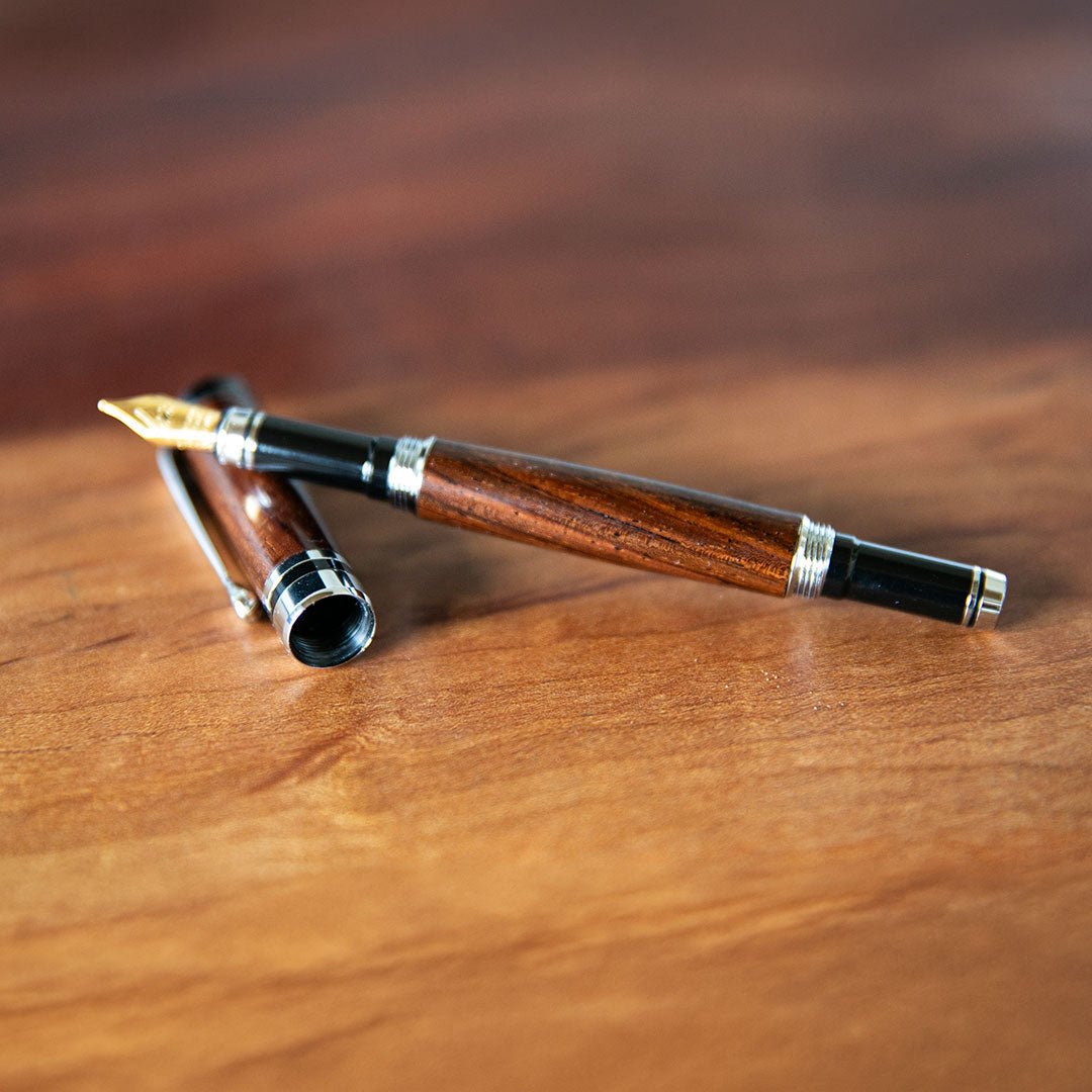 Hand - Turned Rose Wood Fountain Pen + Personalized Pen Sleeve - Holtz Leather