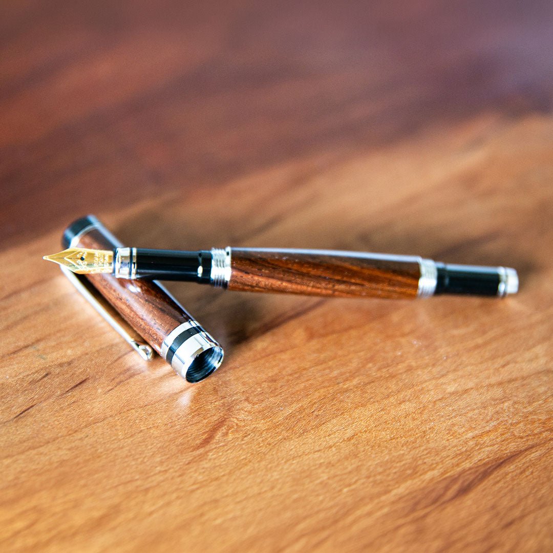 Hand - Turned Rose Wood Fountain Pen + Personalized Pen Sleeve - Holtz Leather
