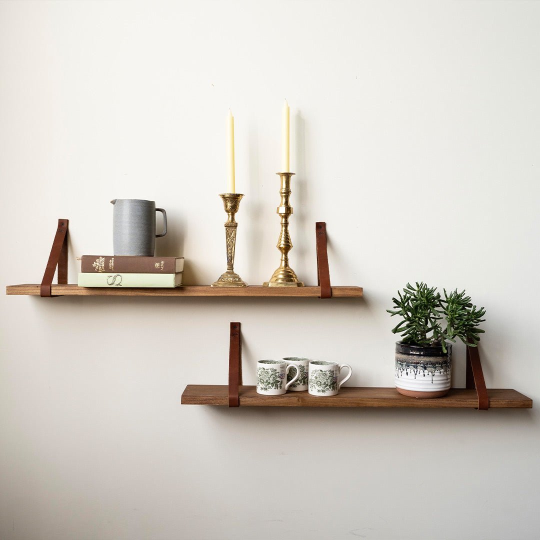 Hardwood Customizable Shelves ~ With Full Grain Leather Straps - Choose Your Stain - Holtz Leather