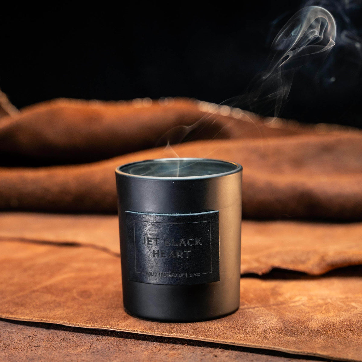 Jet Black Heart - Smolder Luxe Masculine Scented Leather Patch Candle - Holtz Leather