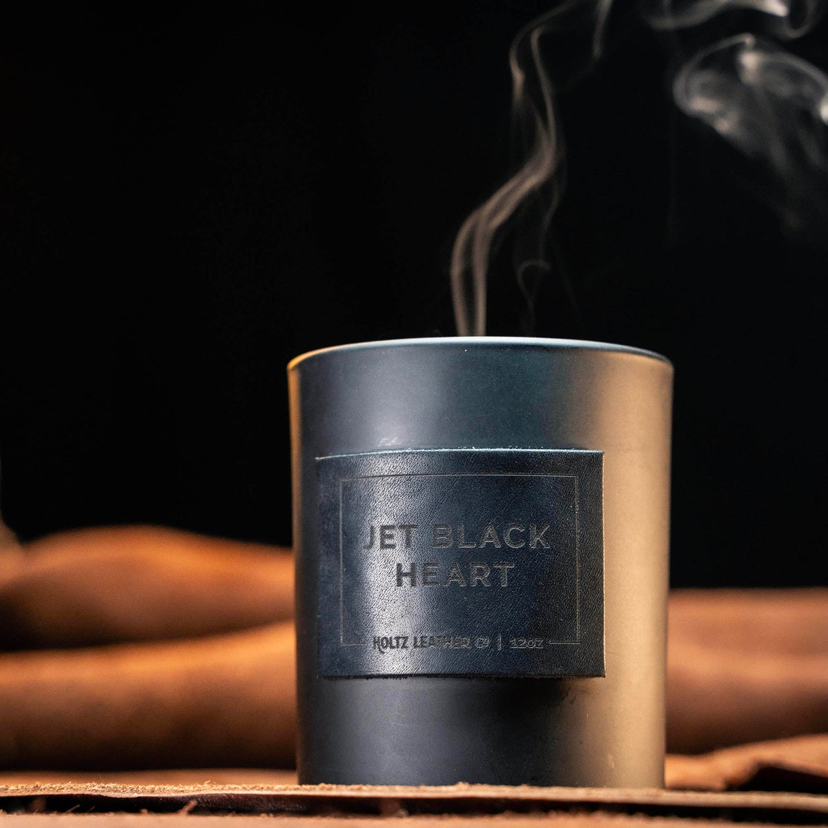 Jet Black Heart - Smolder Luxe Masculine Scented Leather Patch Candle - Holtz Leather