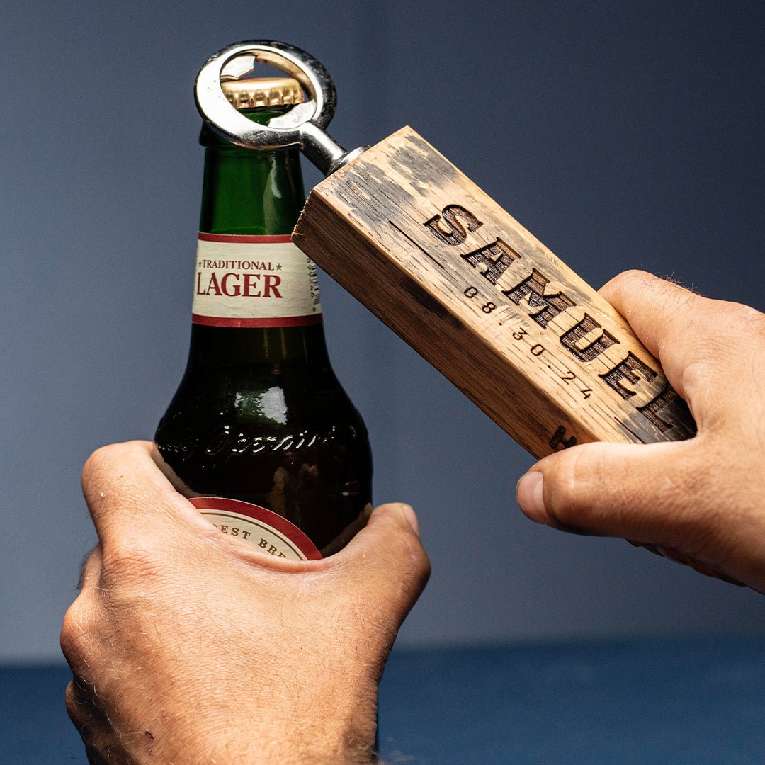 Personalized Bottle Opener Made From Tennessee Whiskey Barrel - Holtz Leather