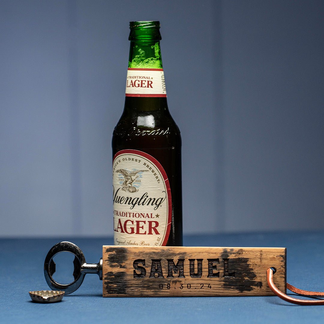 Personalized Bottle Opener Made From Tennessee Whiskey Barrel - Holtz Leather