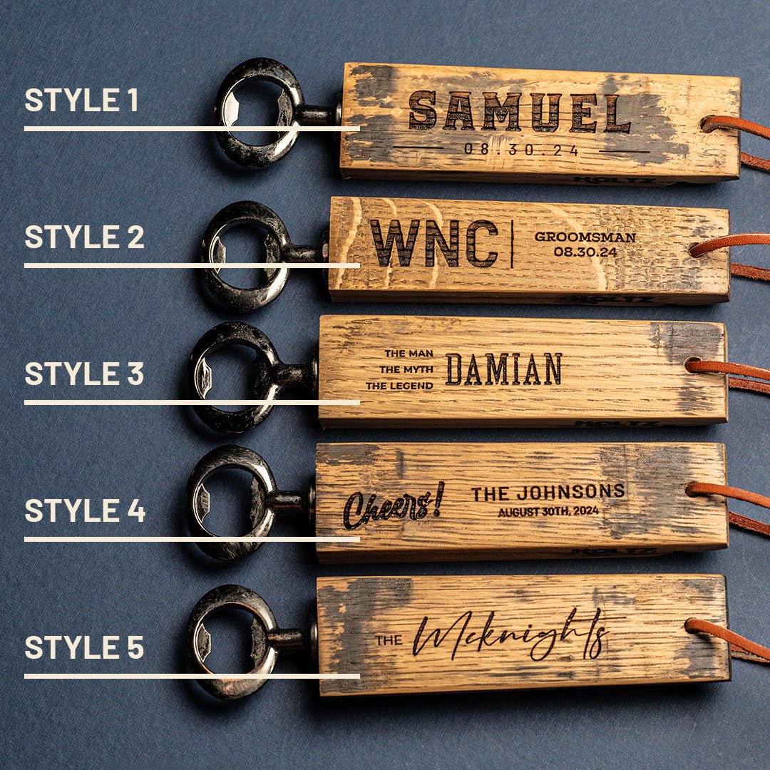 Personalized Bottle Opener Made From Tennessee Whiskey Barrel - Holtz Leather