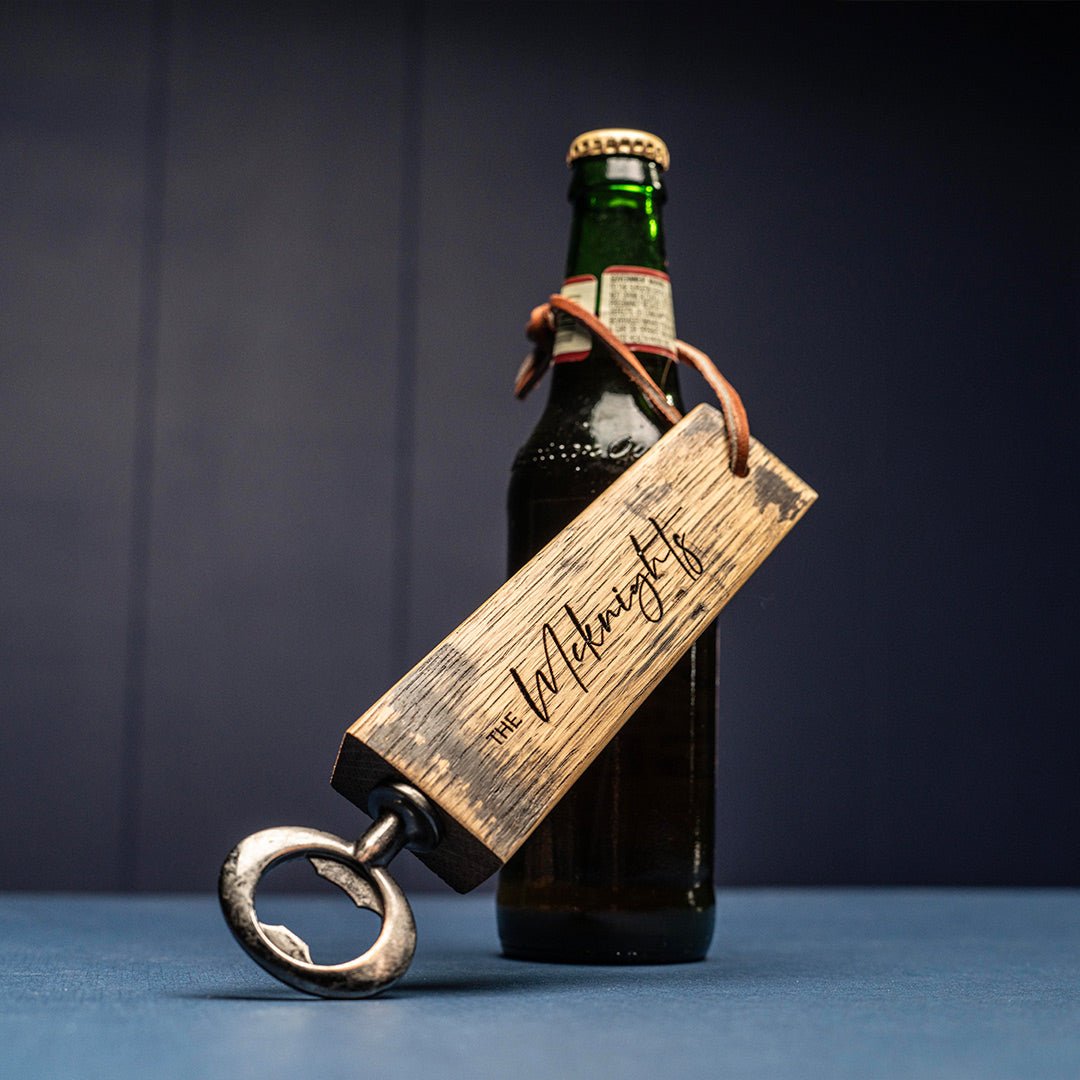 Personalized Bottle Opener Made From Tennessee Whiskey Barrel - Holtz Leather