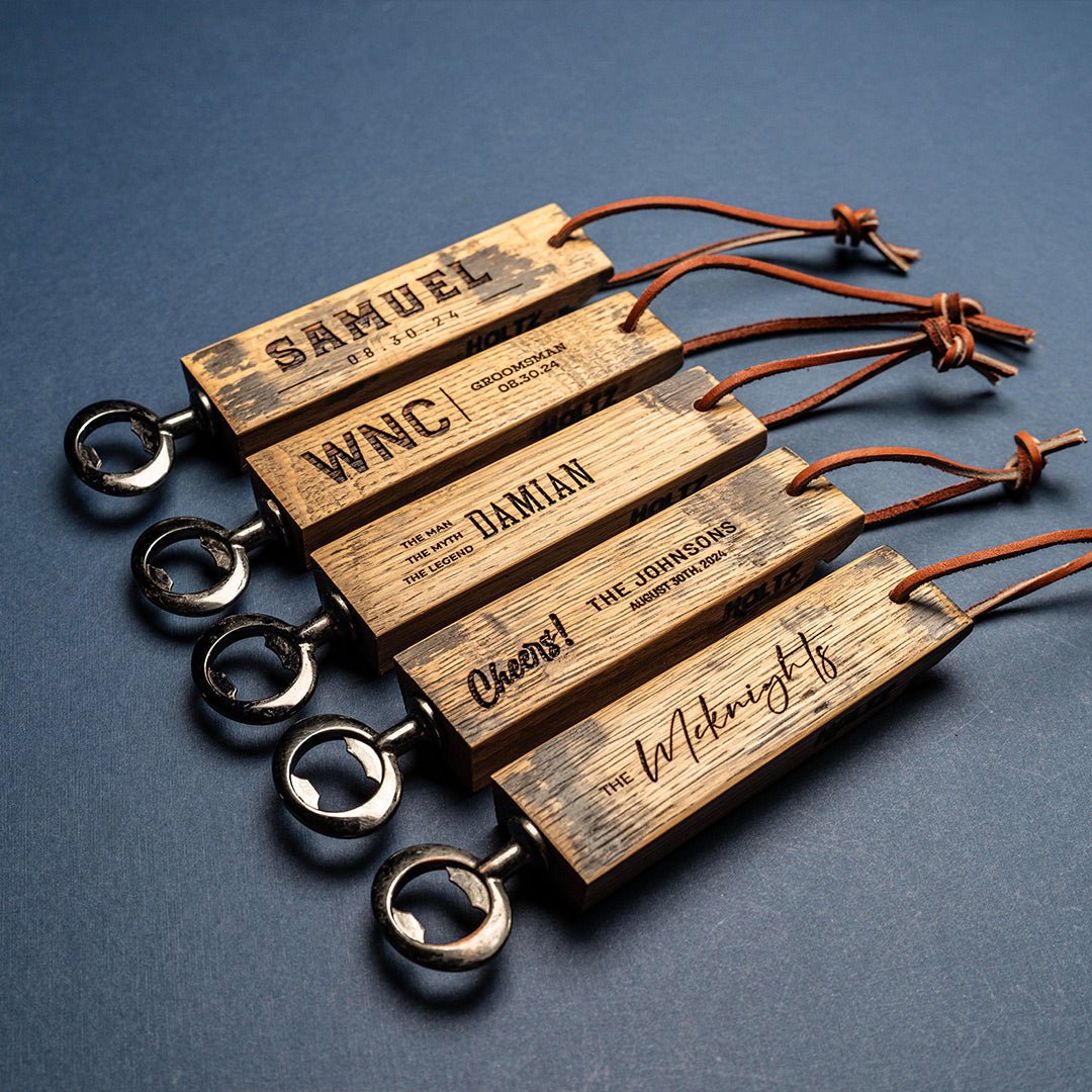 Personalized Bottle Opener Made From Tennessee Whiskey Barrel - Holtz Leather