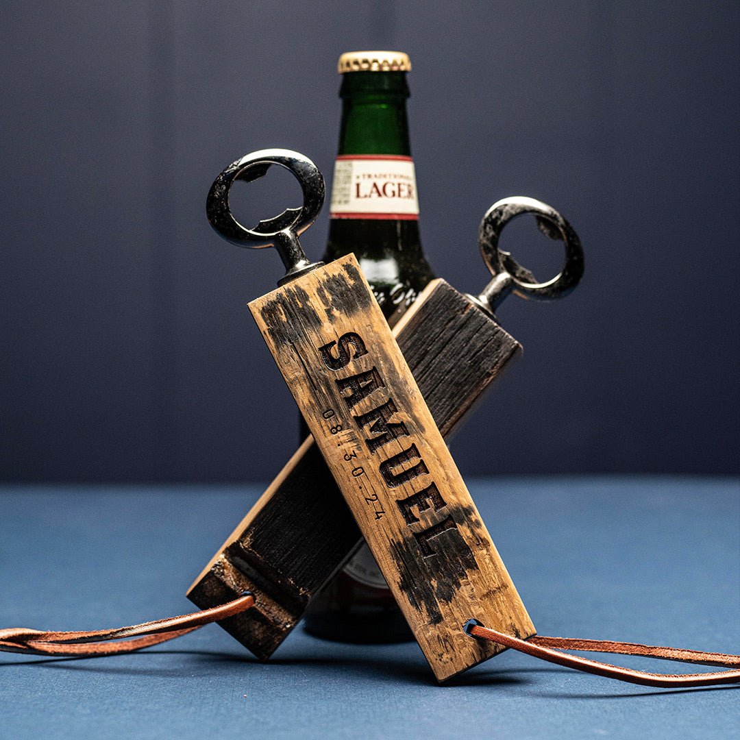 Personalized Bottle Opener Made From Tennessee Whiskey Barrel - Holtz Leather