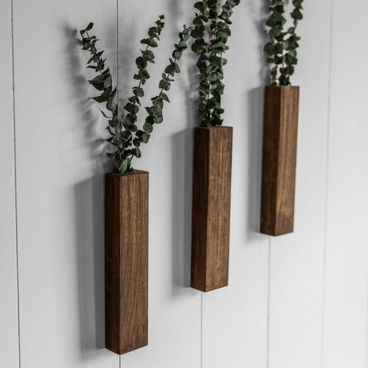 Slim 12 Inch Wood Wall Planter Sconce Vase with Pocket & Eucalyptus - Holtz Leather