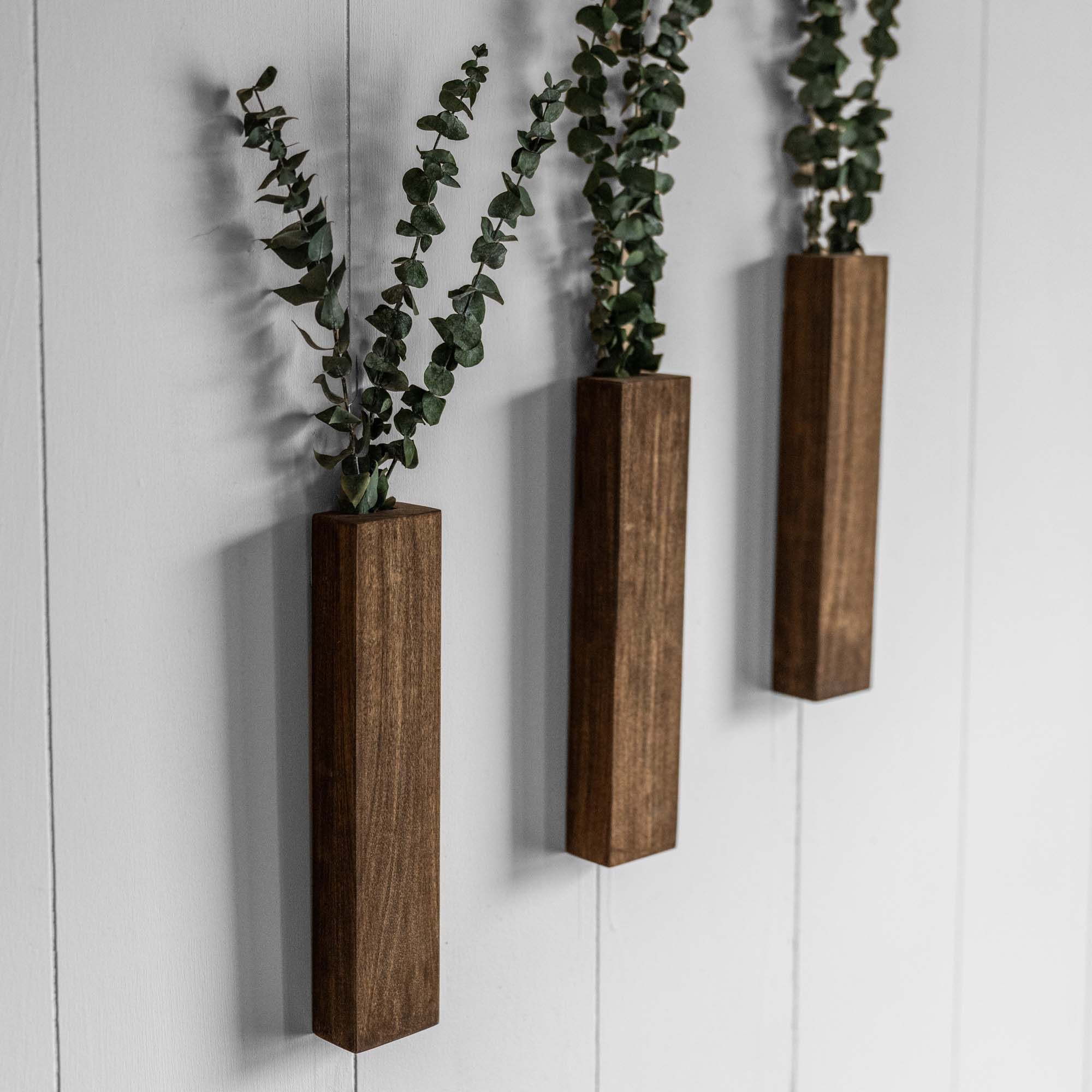 Slim 12 Inch Wood Wall Planter Sconce Vase with Pocket & Eucalyptus - Holtz Leather