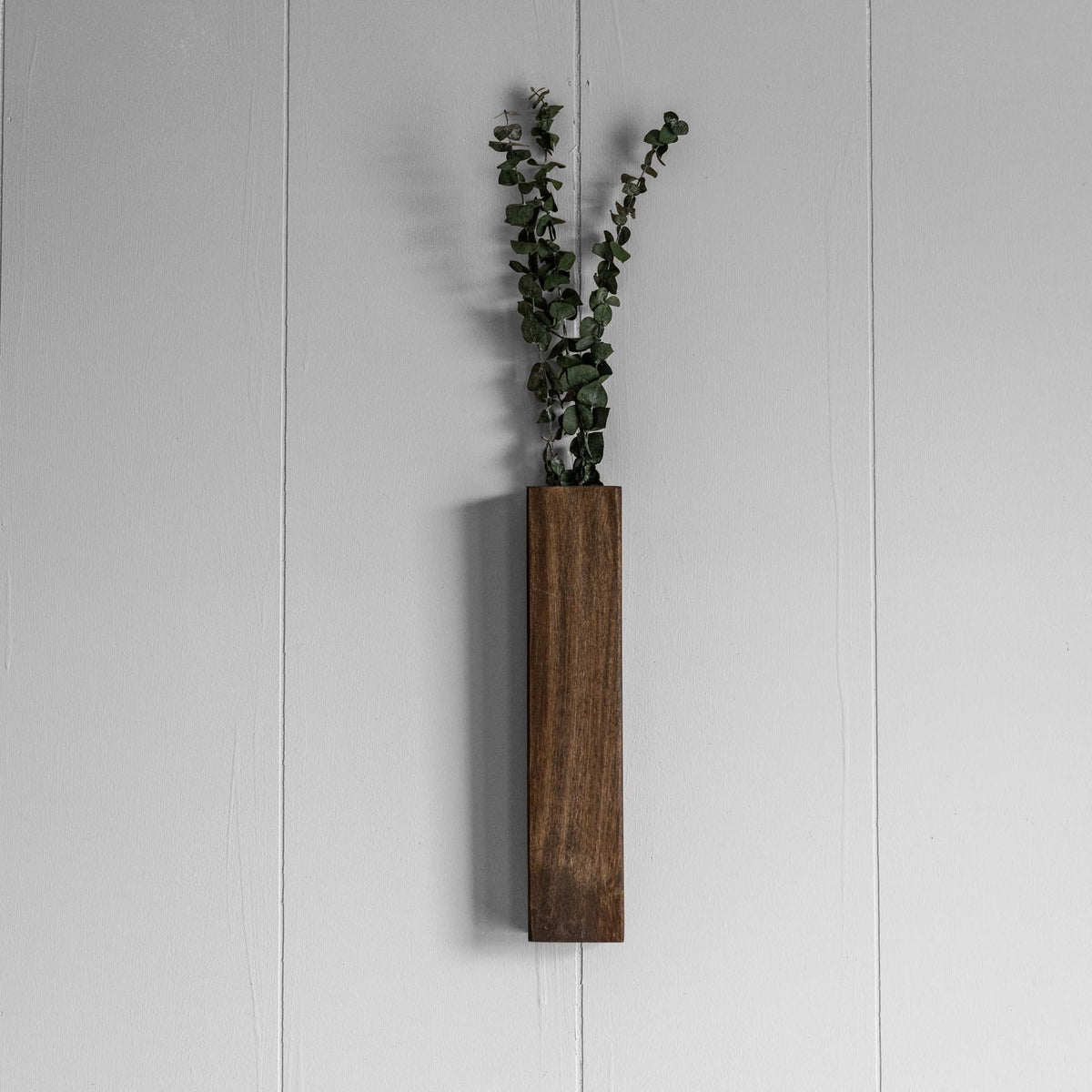 Slim 12 Inch Wood Wall Planter Sconce Vase with Pocket & Eucalyptus - Holtz Leather