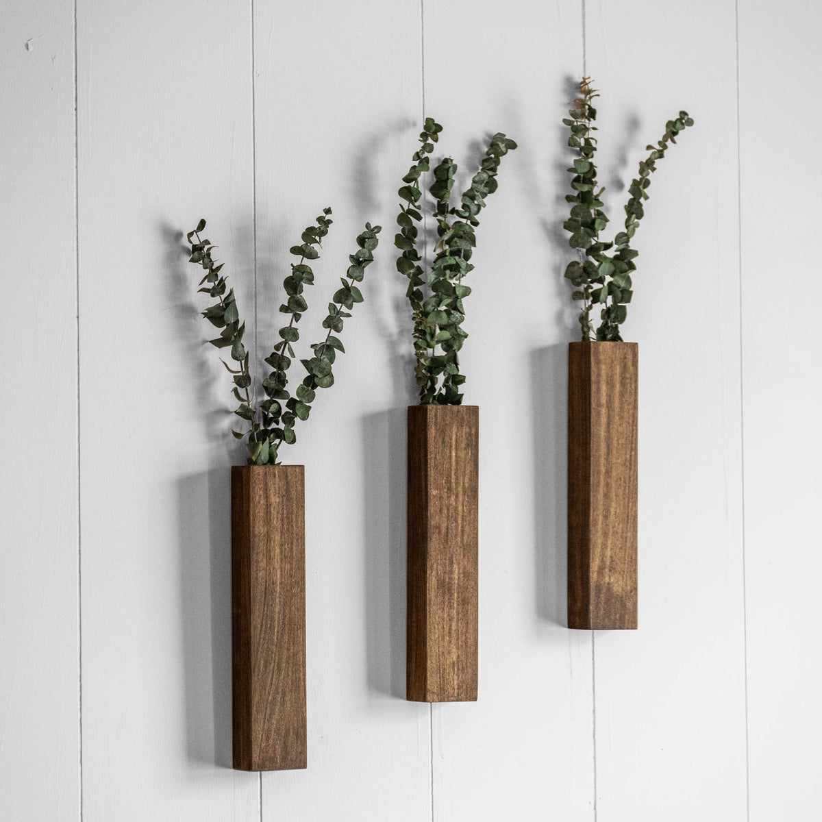 Slim 12 Inch Wood Wall Planter Sconce Vase with Pocket & Eucalyptus - Holtz Leather